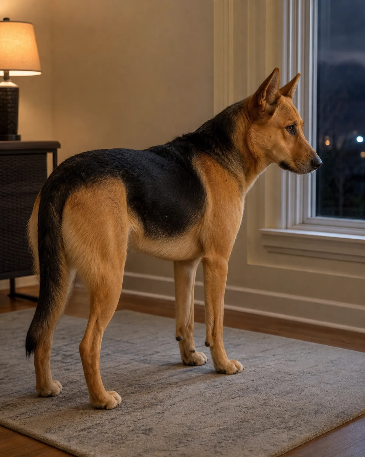 a large dog with a honey-tan coat and a black saddle marking standing indoors with ears back looking toward a window with a faint distant glow