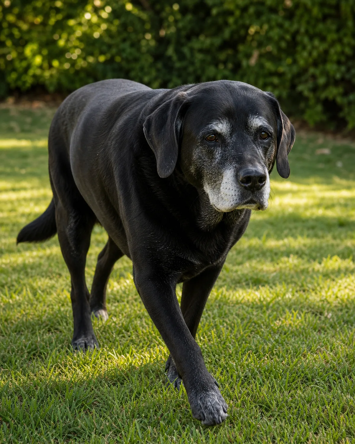 a large senior solid-black short-coated dog with greying muzzle walking slowly on green grass in a backyard with warm afternoon sunlight