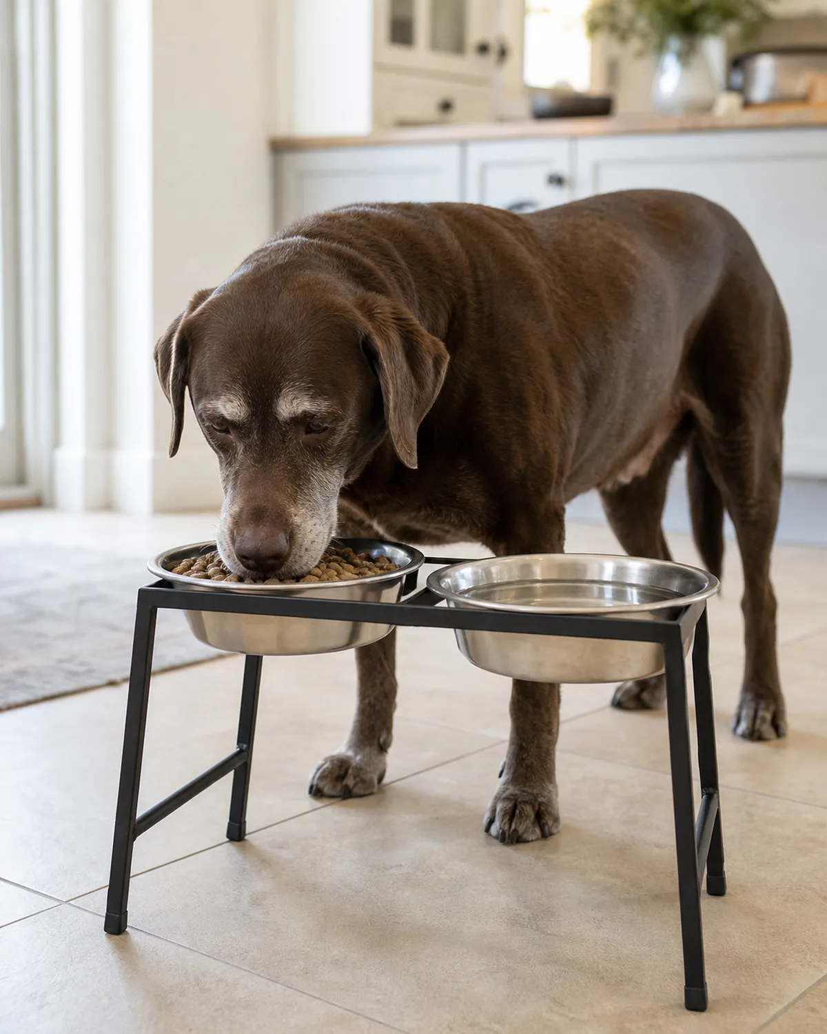 a large senior chocolate-brown short-coated dog with greying muzzle eating calmly from a raised food bowl on an elevated stand in a kitchen