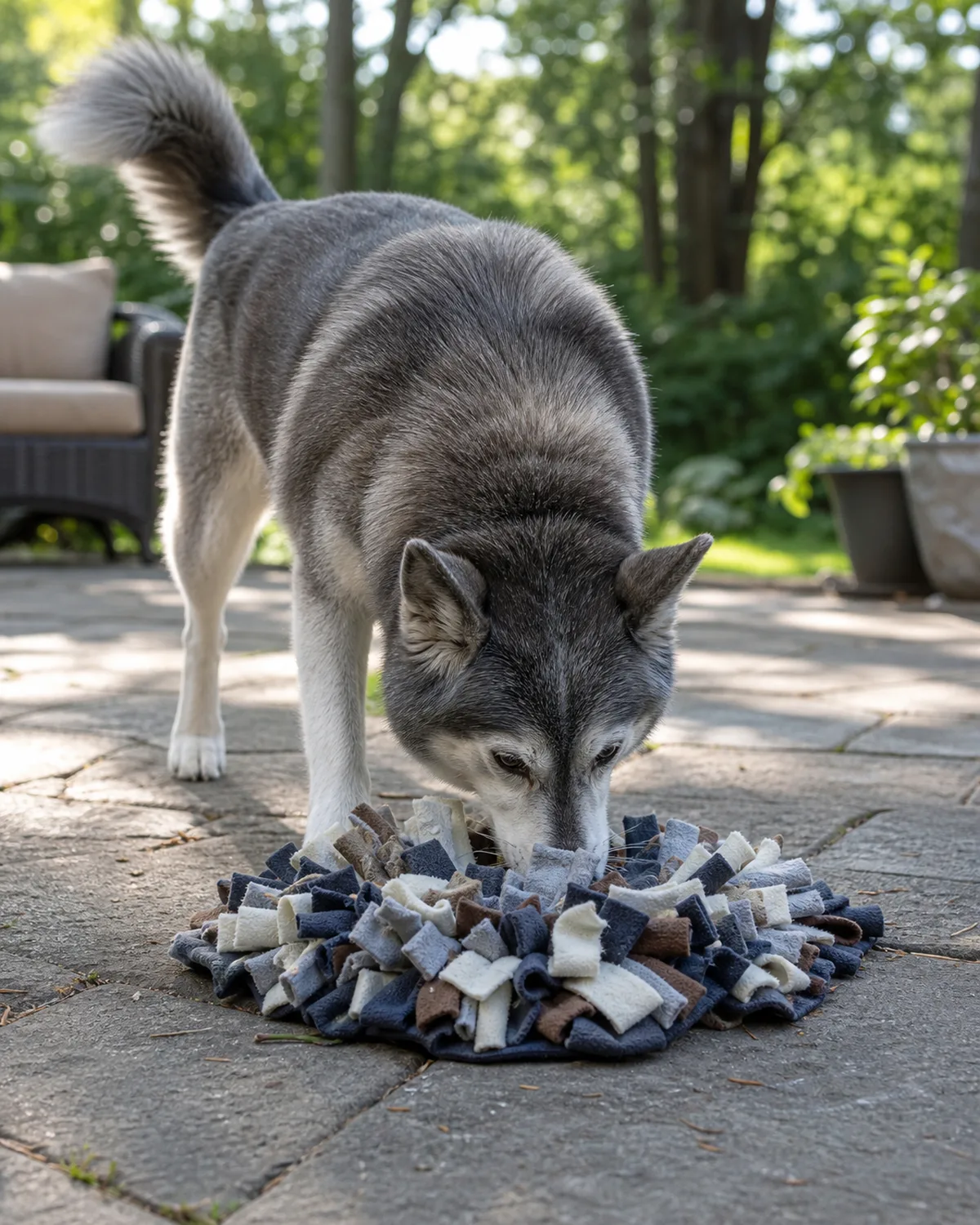 a medium senior grey-and-white husky-type dog with greying around eyes and muzzle using nose to root through a snuffle mat on a shaded backyard patio