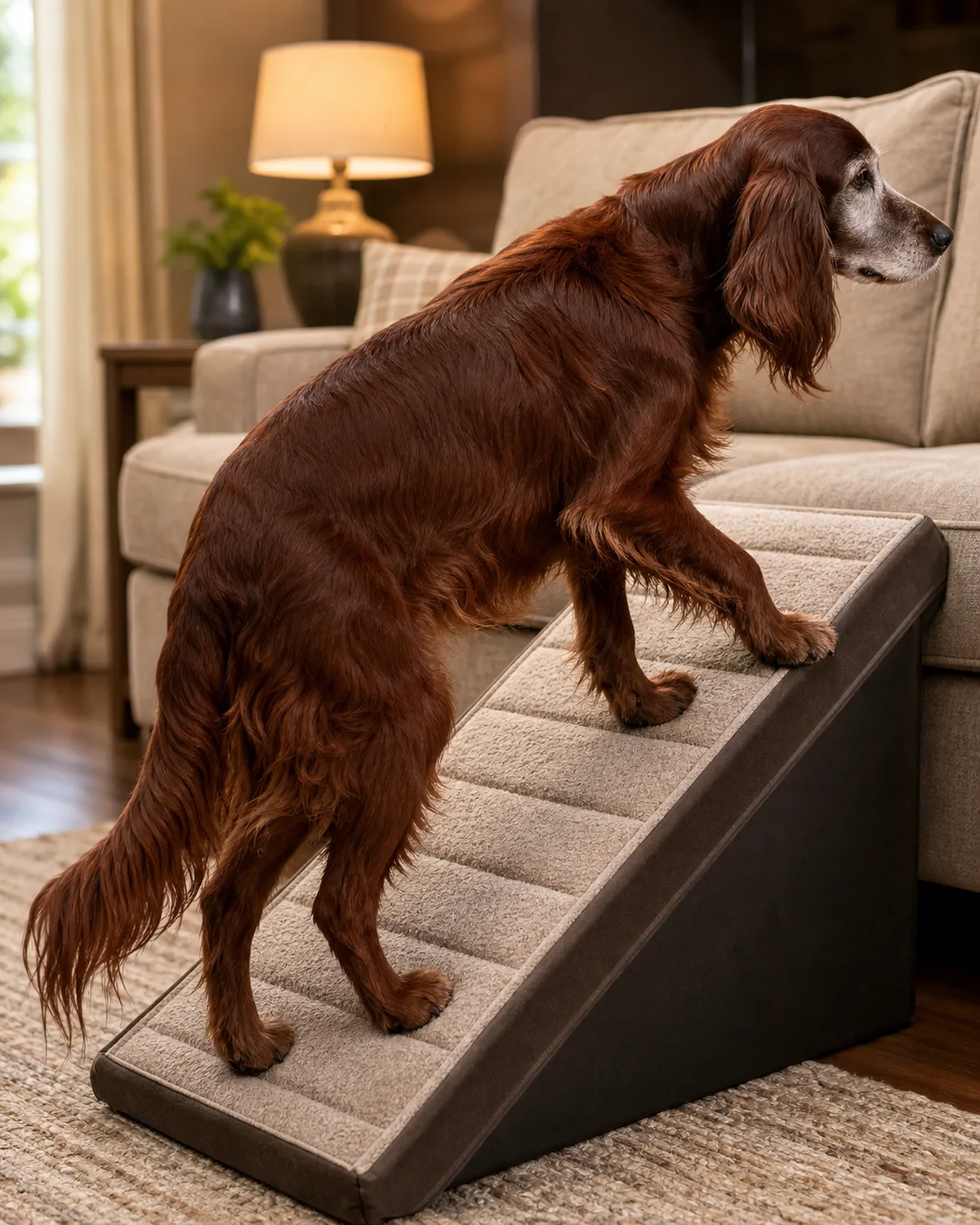 a large senior mahogany-red long-feathered setter-type dog with greying muzzle walking steadily up a padded pet ramp leading to a couch in a living room