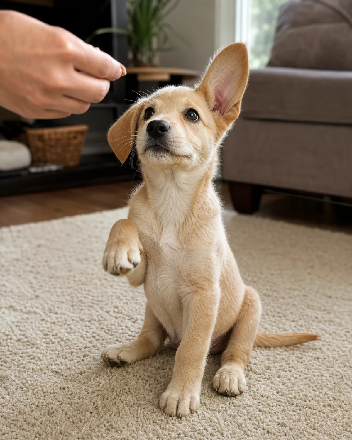 a medium tan puppy with one ear standing up and one floppy sitting on a living room carpet looking up at a person's hand holding a treat