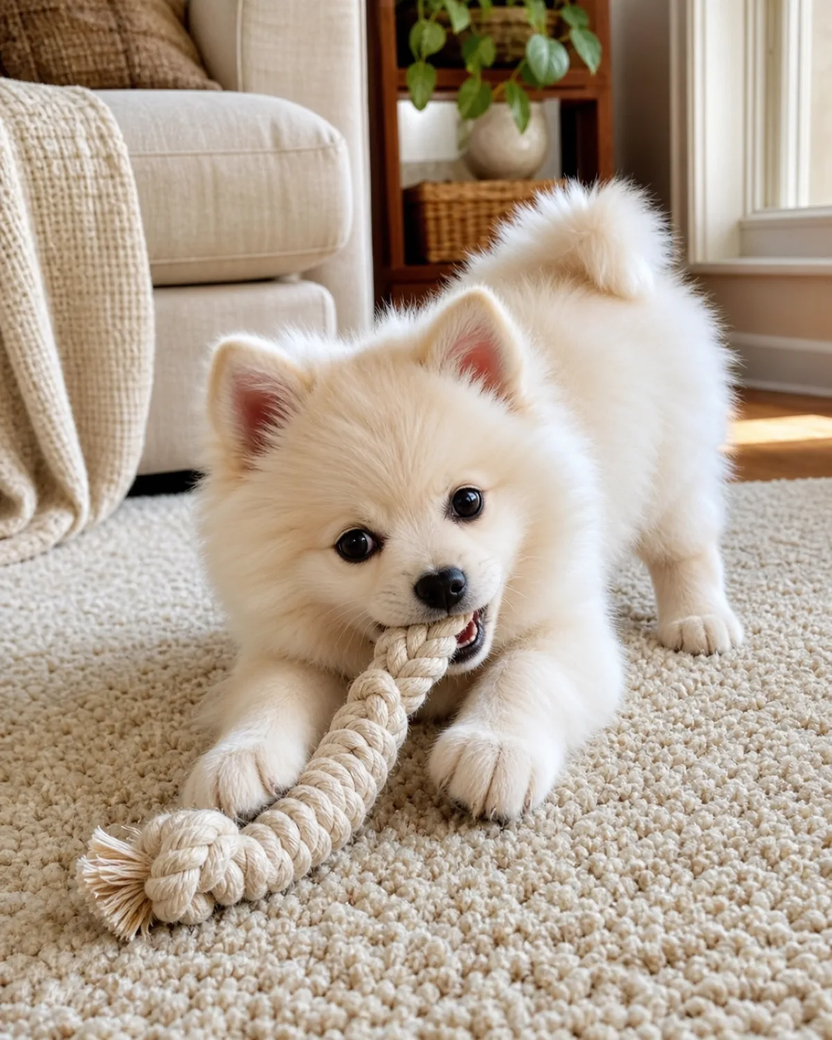 a tiny fluffy cream-white puppy with erect ears and a foxy face lying on a carpet playing with a braided rope toy with both front paws