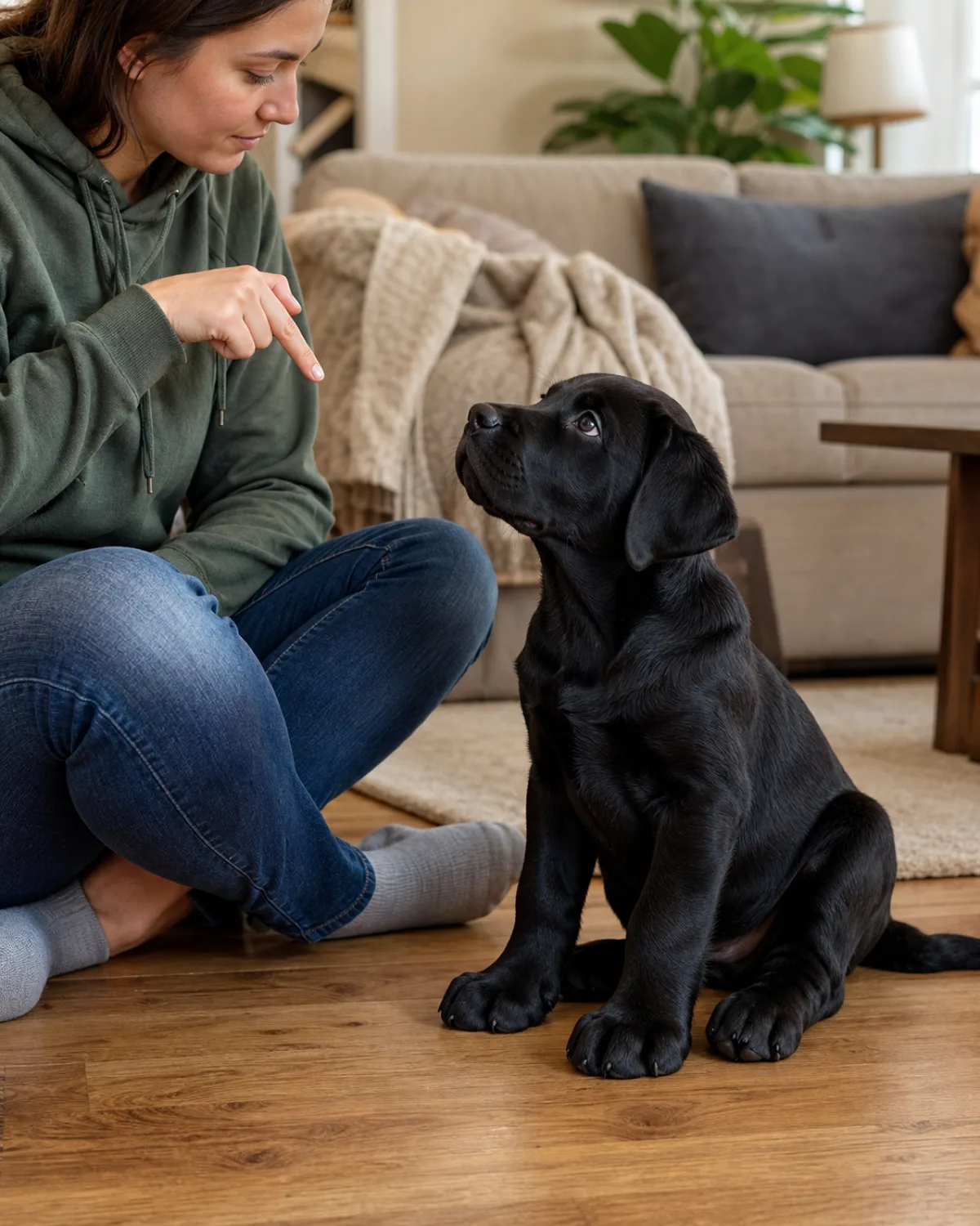 a large-boned solid-black short-coated puppy with floppy ears and oversized paws sitting on a living room floor looking up at a person making a sit hand signal