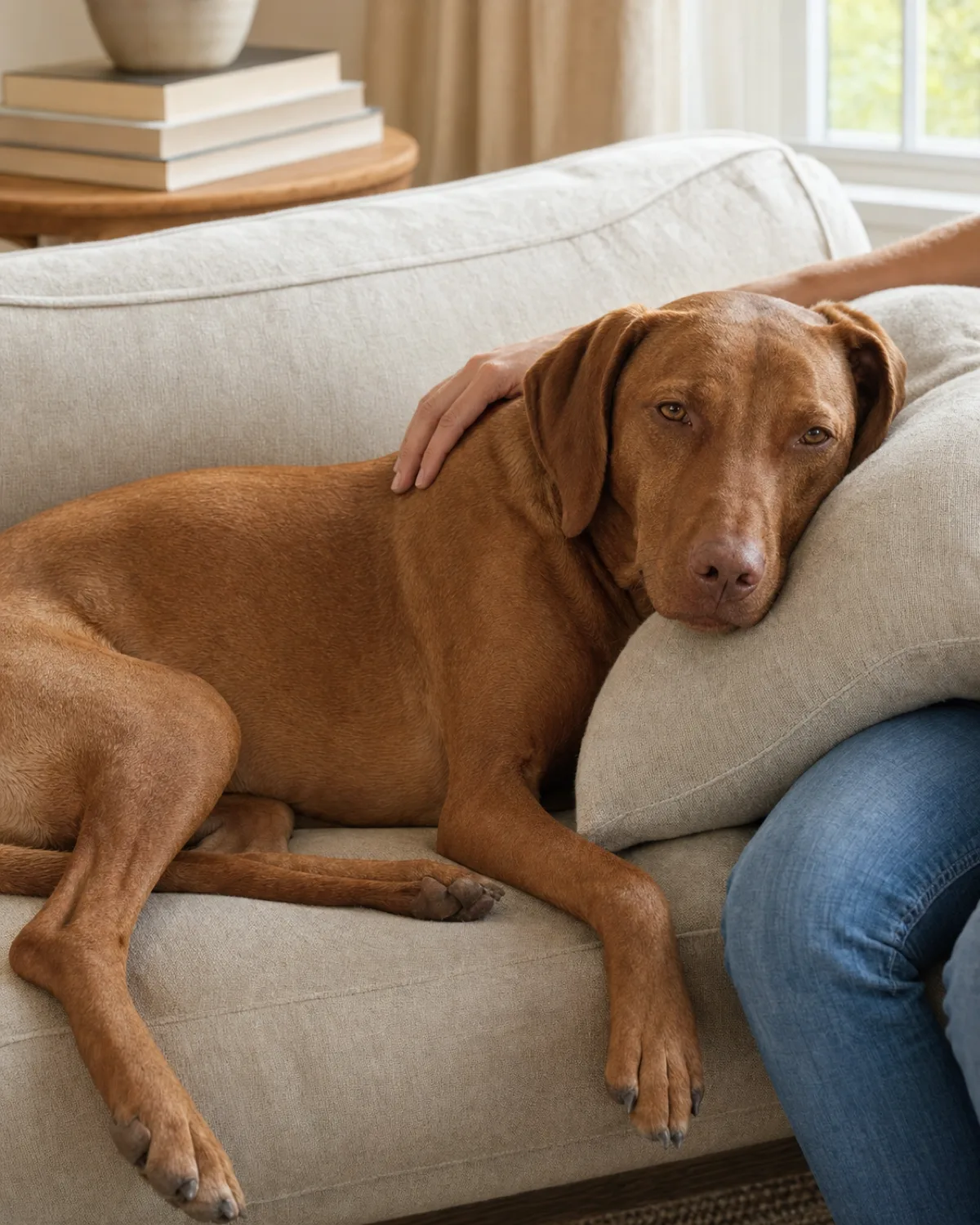 a medium-large sleek dog with a uniform rusty golden-brown short coat and floppy ears lying comfortably on a cream linen couch, head resting on a throw pillow, warm afternoon light from a window