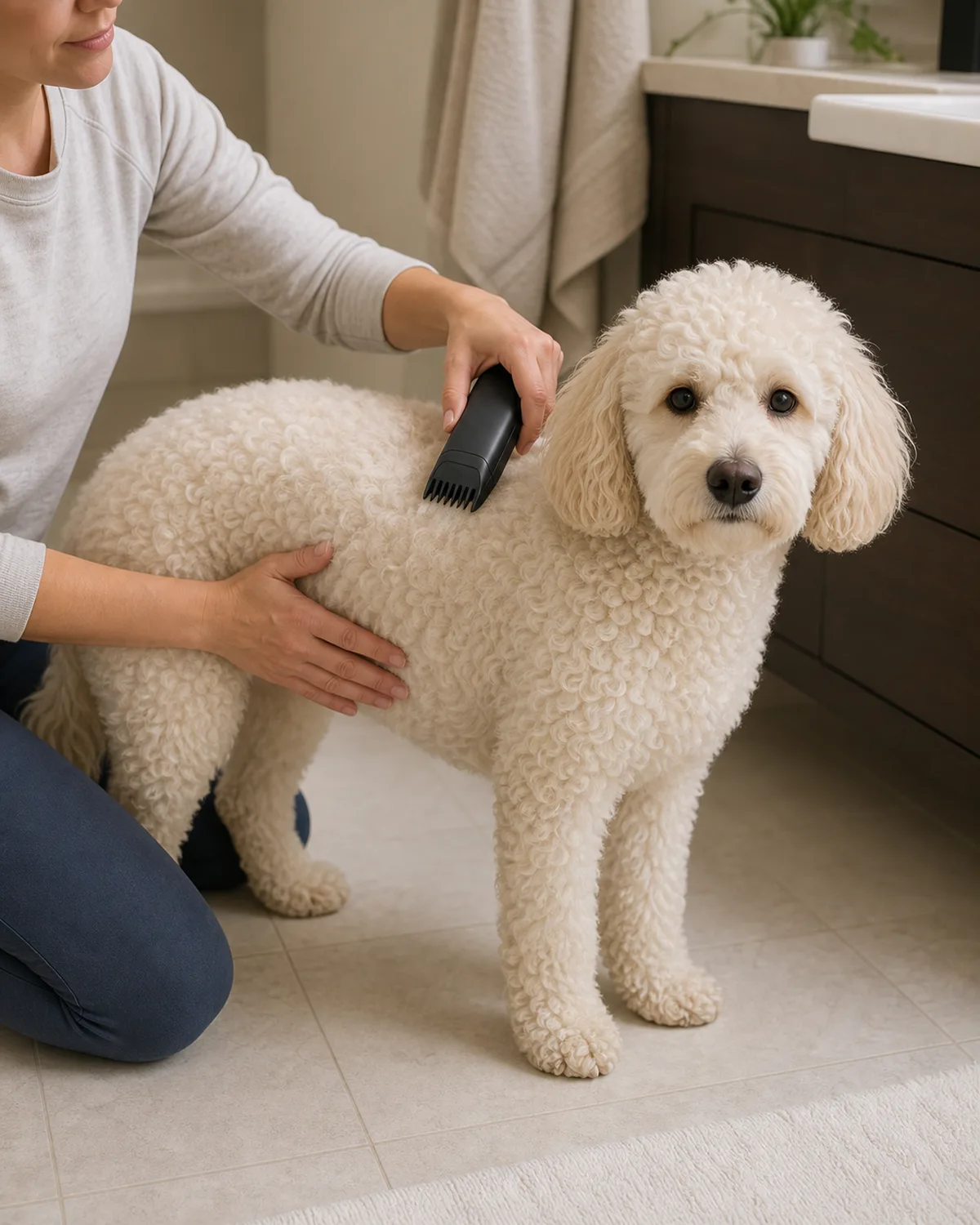 a medium cream-white curly-coated dog standing on a bathroom floor while a person guides a clipper smoothly along its back