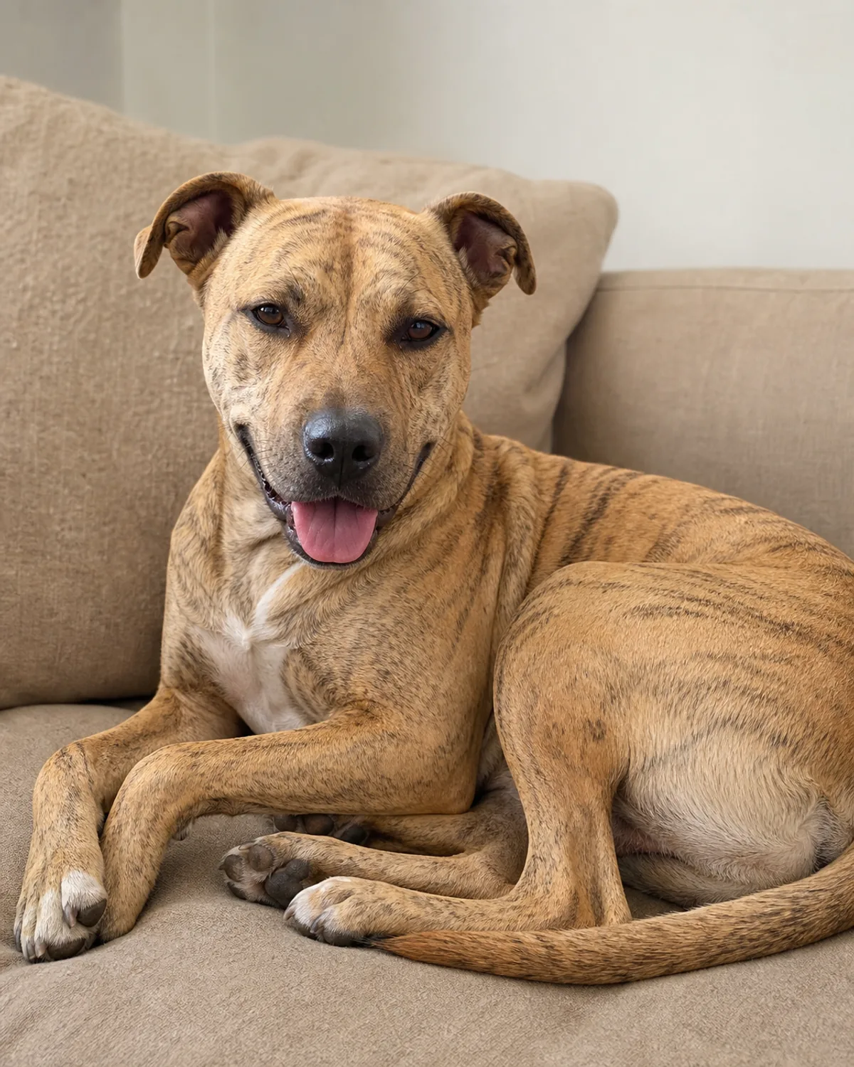 a medium lean fawn-brindle short-coated dog lying relaxed on a couch, no grooming tools visible