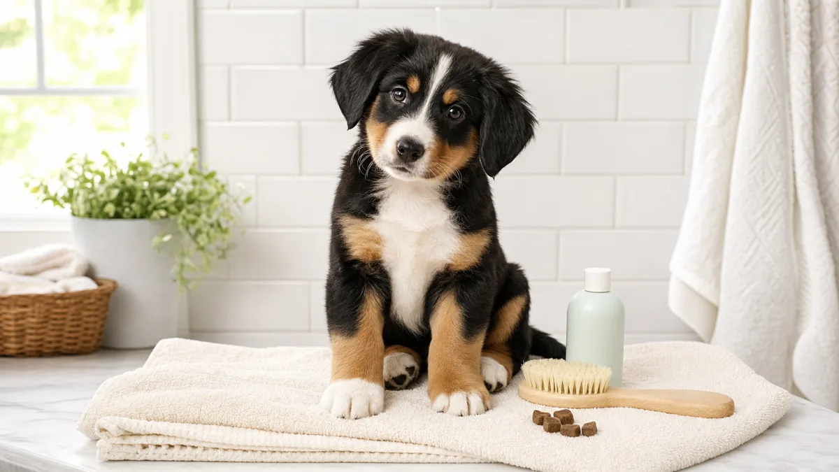 a sturdy tricolor puppy with a black body, rust eyebrows and white chest blaze sitting on a cream towel on a bright bathroom counter beside a soft brush and puppy shampoo bottle, tilting its head curiously toward the camera