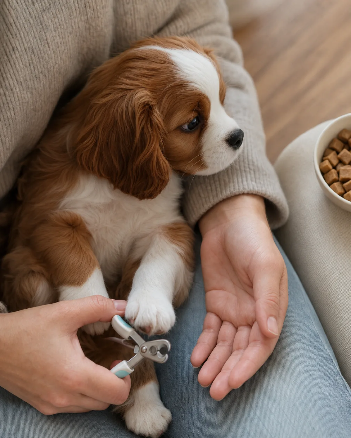 a small chestnut-and-white silky-coated puppy with long feathered floppy ears and gentle round eyes held gently in the owner's lap, owner's hand holding small rounded-tip nail clippers near one front paw tip while the puppy looks at a treat bowl at the edge of the frame