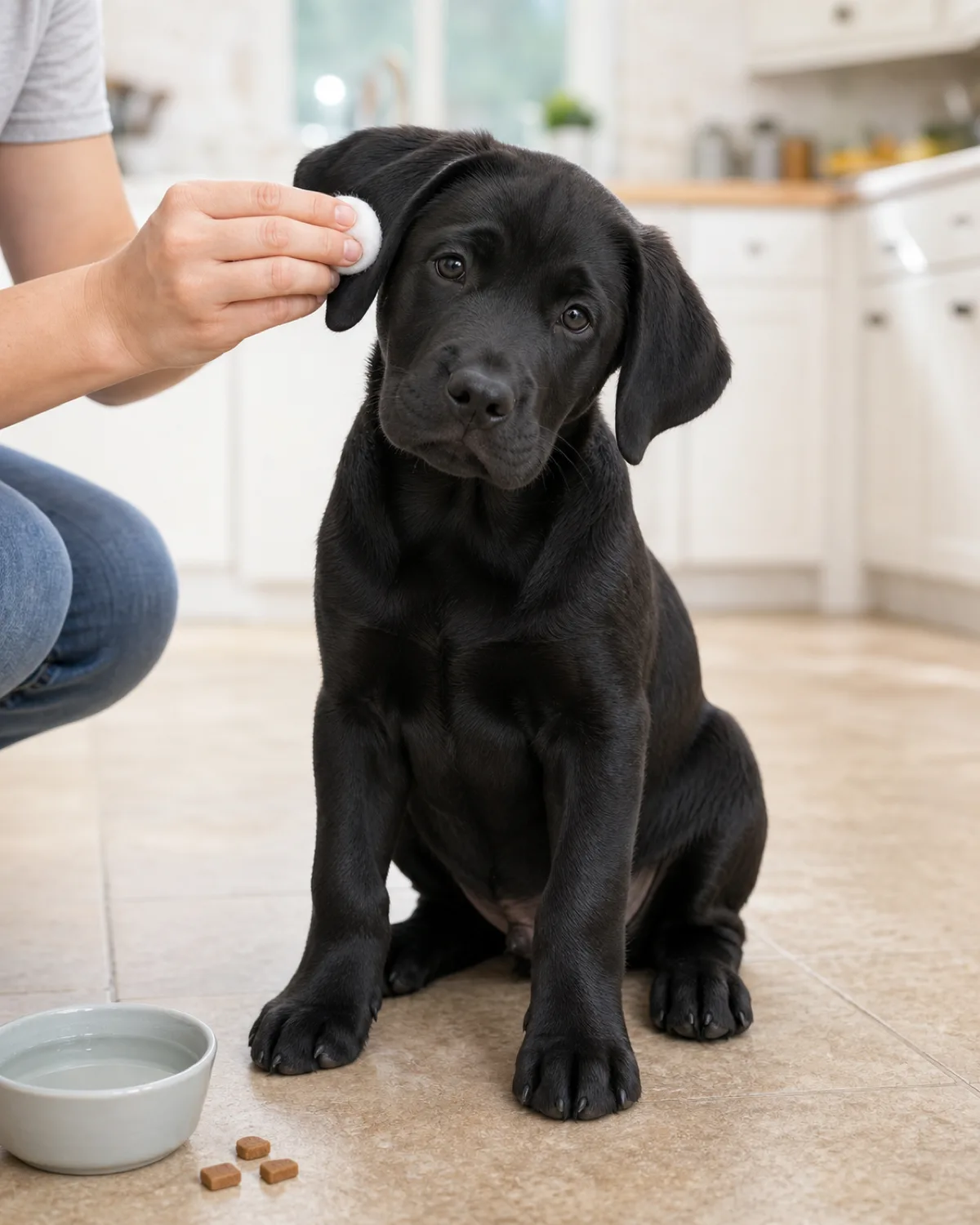 a large athletic solid-black short-coated puppy with floppy ears sitting upright on a bright kitchen floor with head tilted, owner bending down using a cotton ball to gently wipe the visible outer ear flap, a small bowl of water and treats nearby