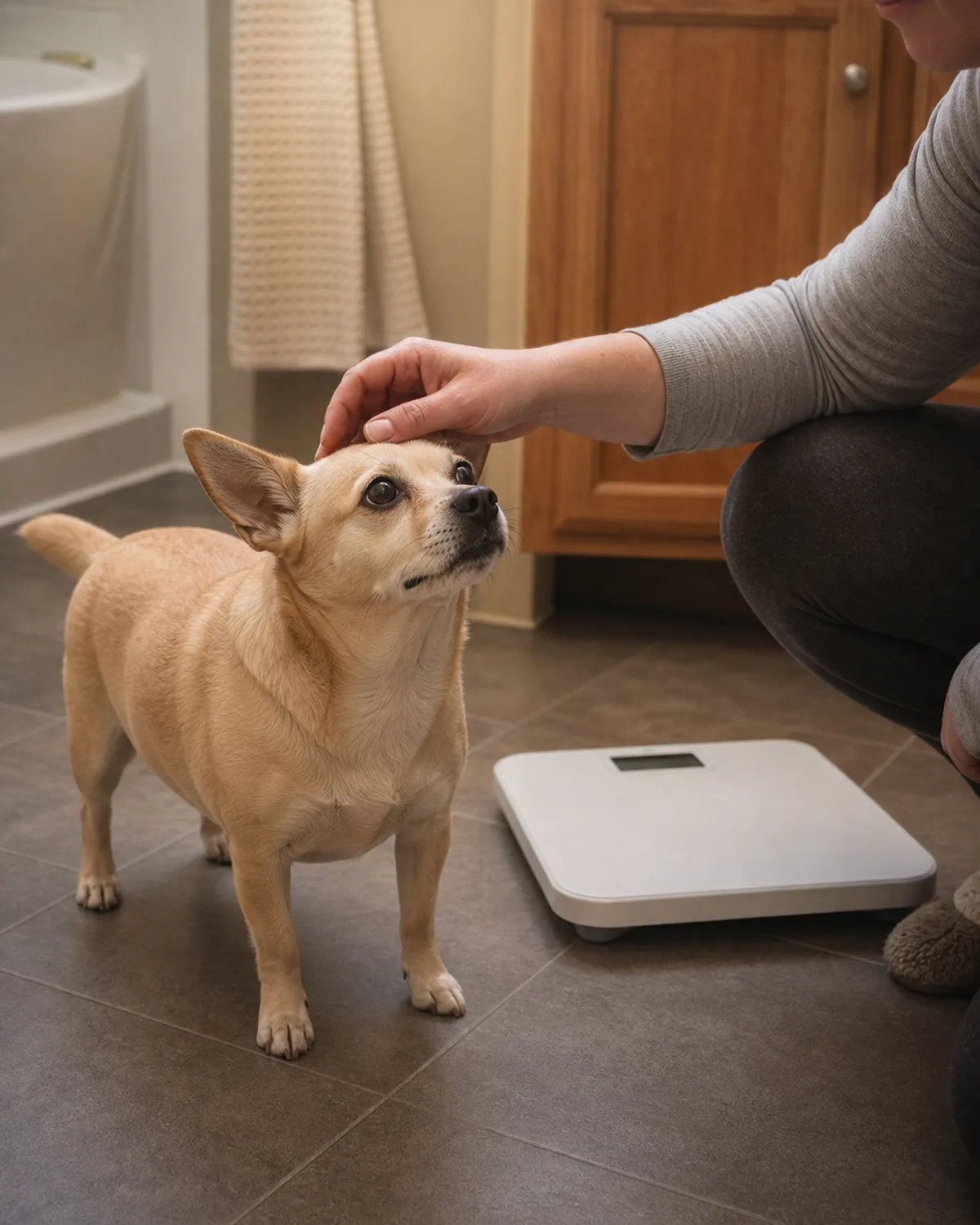 a small compact caramel-cream smooth-coated dog with upright ears standing near a bathroom scale on the floor, looking up at a crouching person