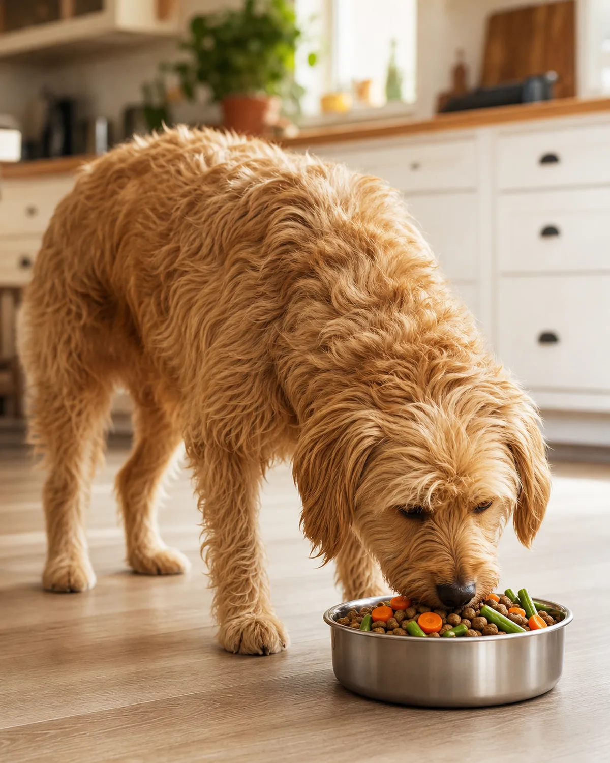 a medium wheaten-gold wavy-coated dog with floppy ears eating happily from a bowl containing kibble mixed with carrot coins and green beans