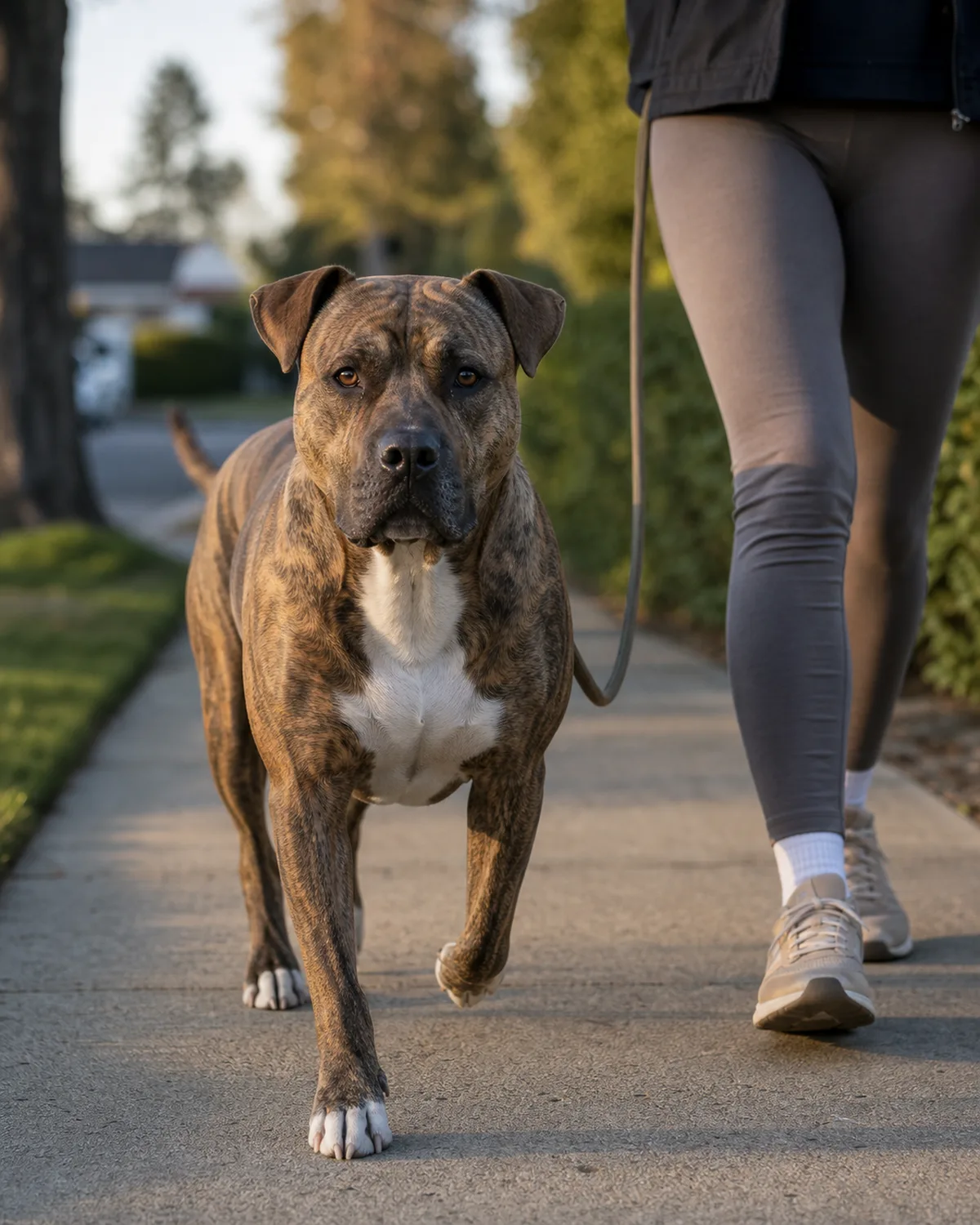 a large muscular brindle-and-white short-coated dog with rose ears walking calmly on a sidewalk with a loose leash in soft morning light