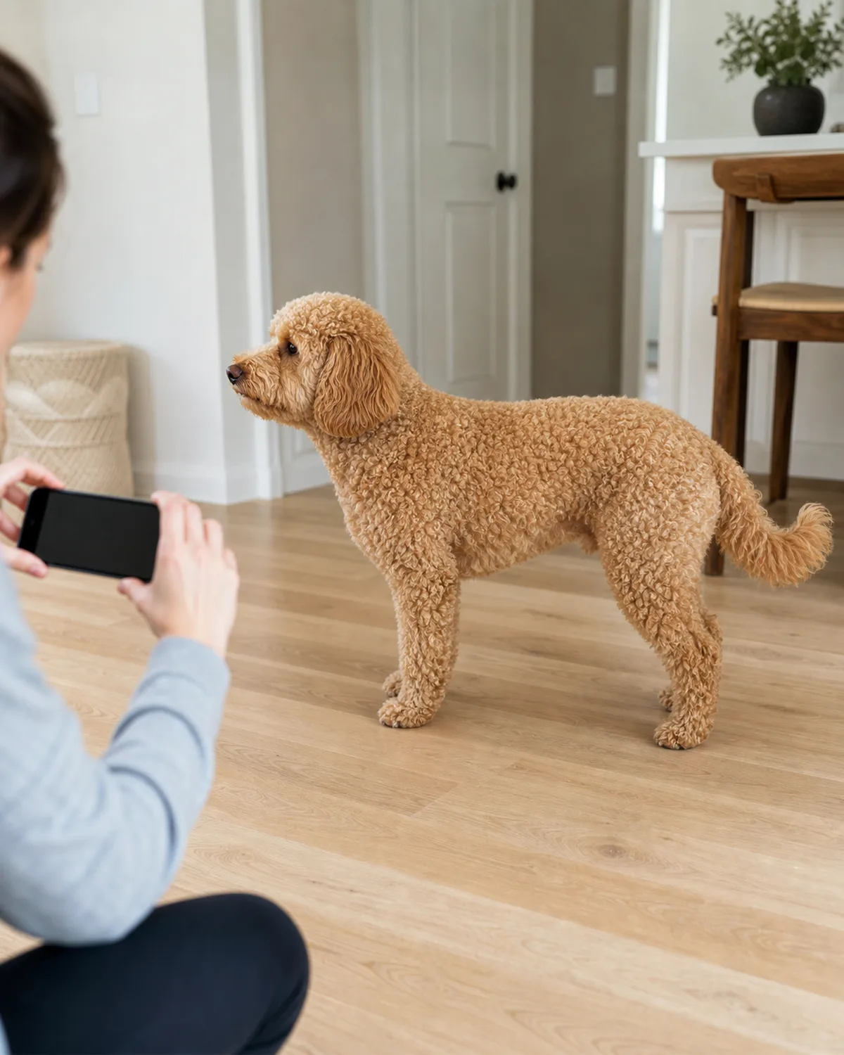 a medium apricot curly-coated dog with floppy ears and a teddy-bear face standing naturally on a floor while a person crouches nearby taking a side-view photo with a smartphone