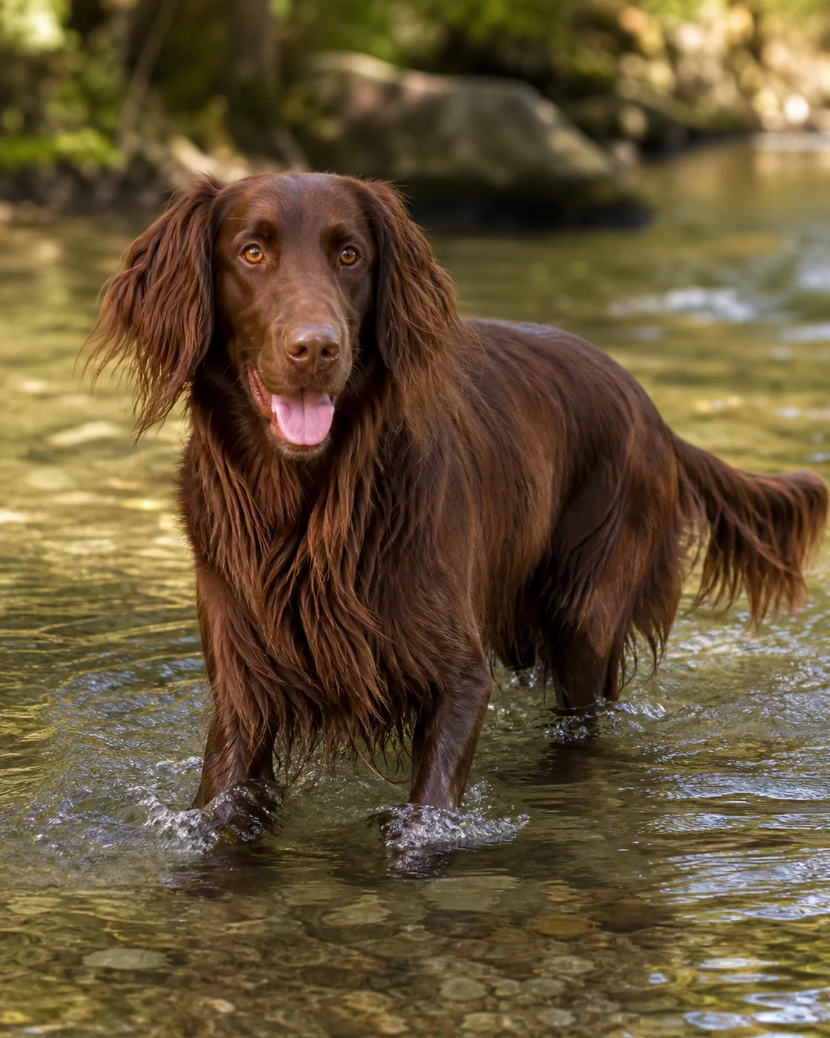 a large deep-chestnut long feathered-coated dog with floppy ears wading happily through shallow creek water in dappled sunlight
