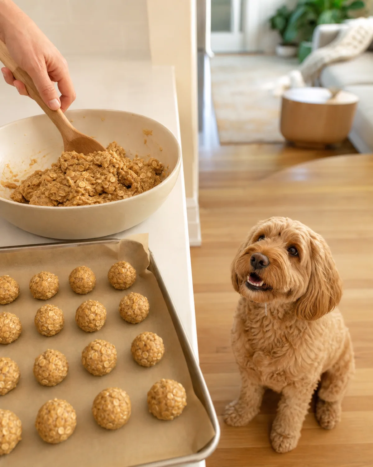 a medium shaggy wavy-to-curly apricot-coated dog with floppy ears and a rounded teddy-bear face sitting on a kitchen floor beside a counter where a mixing bowl holds peanut butter and oat dough and a parchment-lined tray has freshly rolled small round balls