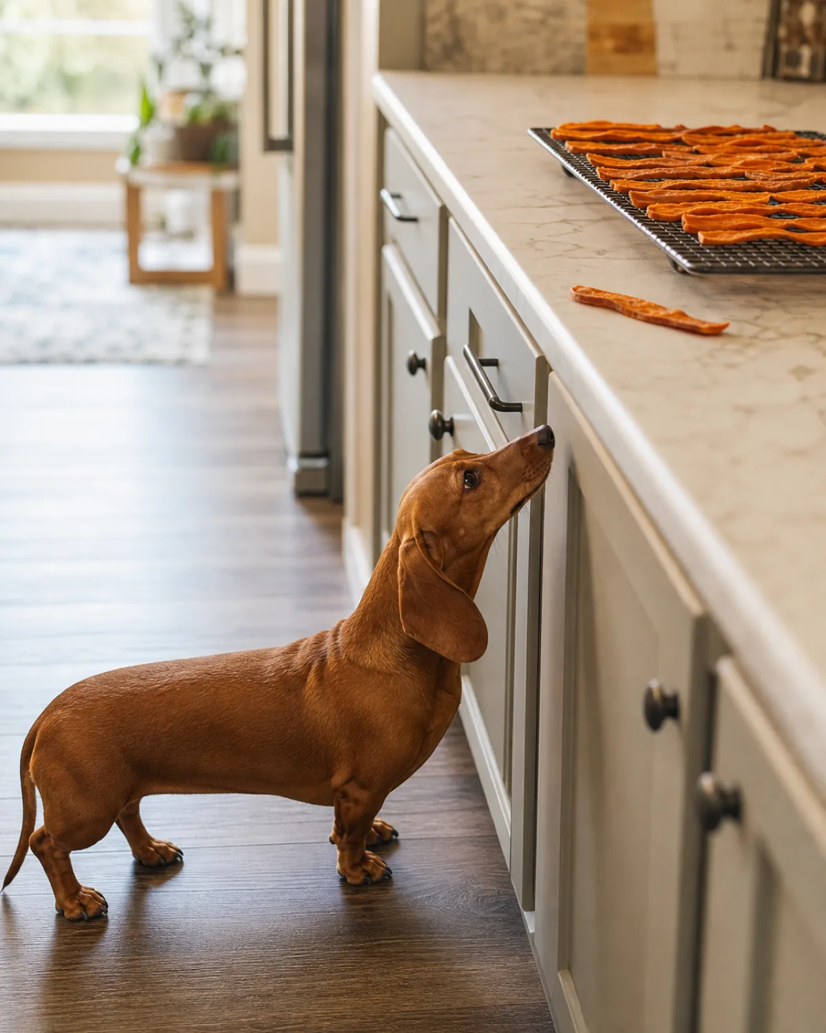 a small smooth solid-red dog with a very long low body, very short legs and long floppy ears standing on a kitchen floor, stretching its neck up to sniff a cooled sweet potato strip on a wire cooling rack covered with rows of orange dehydrated sweet potato slices