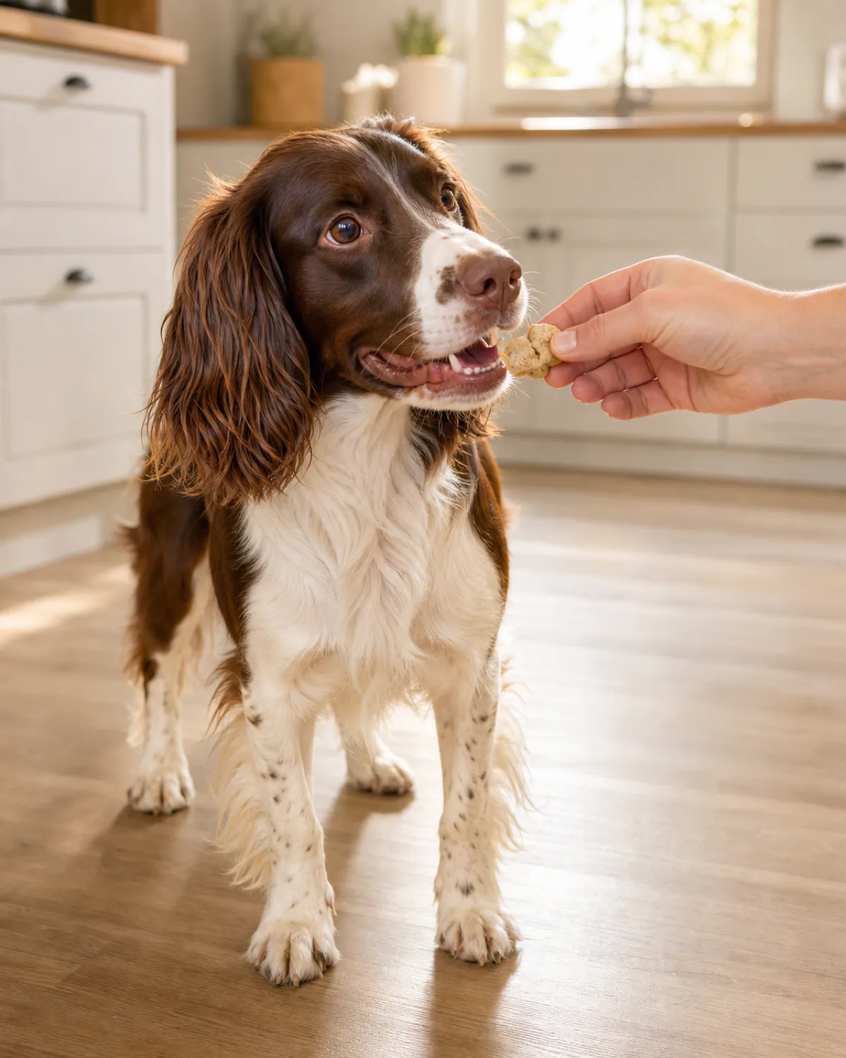 a medium athletic liver-and-white medium-coated dog with long feathered drop ears and feathered legs catching an imperfect cracked lumpy homemade treat ball from the owner's hand in a sunny kitchen, eyes bright and mouth slightly open