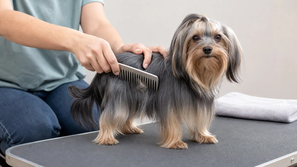 a tiny dog with a silky steel-blue-and-tan long coat and small floppy ears standing calmly on an indoor grooming table while a person combs its back with a wide-tooth comb
