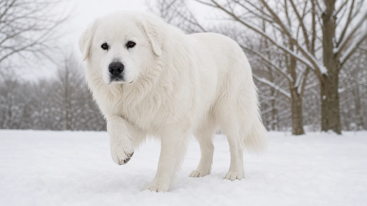 a giant dog with a thick solid-white long double coat, a mane around the neck, floppy ears and a gentle face standing calmly in clean snow with one front paw lifted