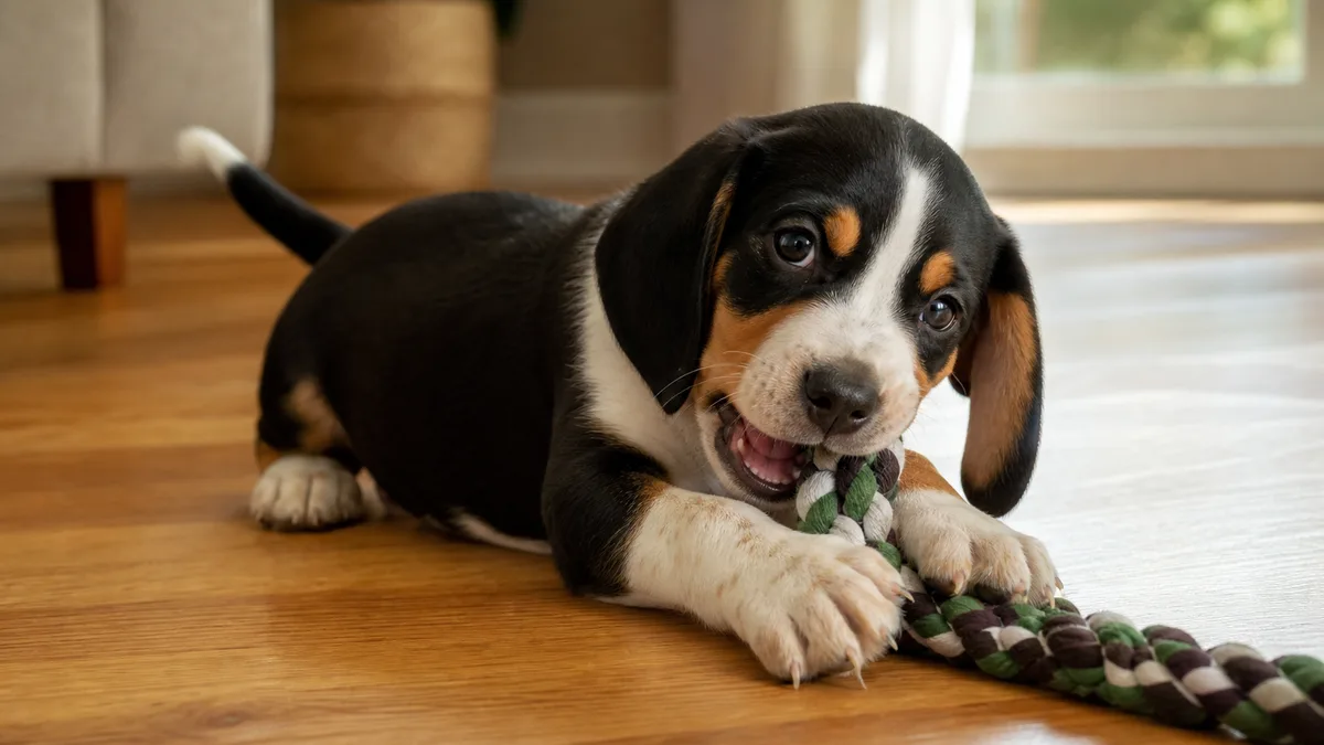 a small sturdy tricolor puppy with black white and tan short coat and long floppy ears lying on a hardwood floor biting a rope toy with tiny teeth visible and tail wagging