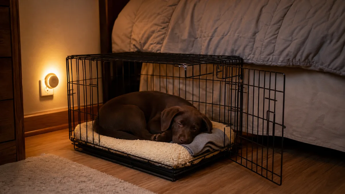 a solid chocolate-brown short-coated puppy with warm dark eyes and floppy ears curled up inside a wire crate on a bedroom floor beside a bed, a cream pad and folded grey T-shirt inside the crate, a small amber nightlight illuminating the scene with warm glow, the puppy half-closing its eyes and drifting to sleep