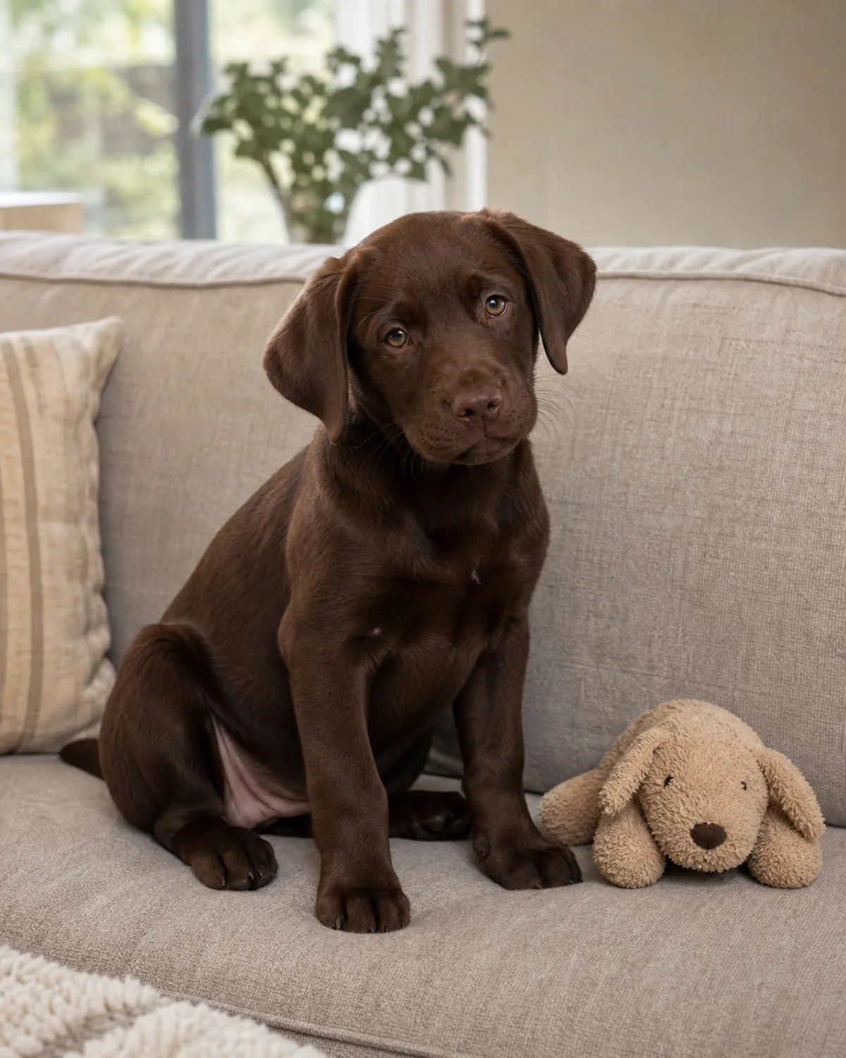 a solid chocolate-brown short-coated puppy with warm dark eyes and floppy ears sitting on a sofa cushion with head tilted slightly, looking at the camera with a mildly uncertain but curious expression, a small plush toy beside it, soft daylight from a window