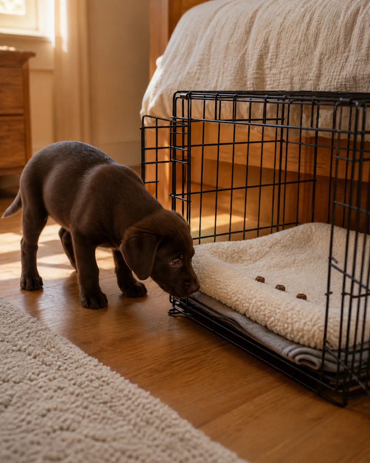 a solid chocolate-brown short-coated puppy with warm dark eyes approaching a wire crate on a bedroom floor, door wide open, cream pad and worn grey T-shirt tucked inside, three small treats scattered at the crate entrance, warm daylight from a nearby window