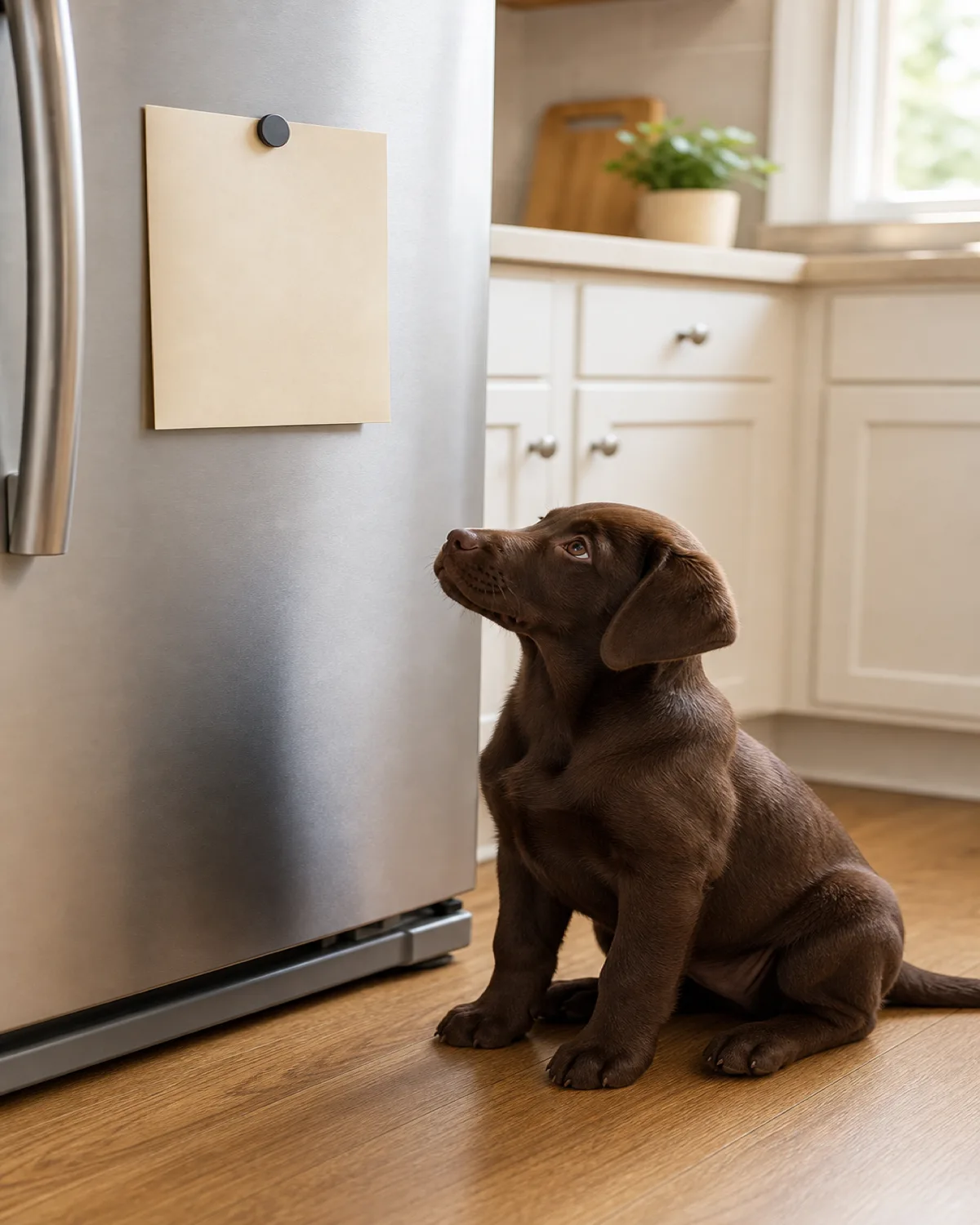 a solid chocolate-brown short-coated puppy sitting on a bright kitchen floor looking up at a handwritten note on a refrigerator with a magnet, the note text blurry and illegible representing a schedule, the puppy with relaxed curious expression and head slightly tilted, warm natural light