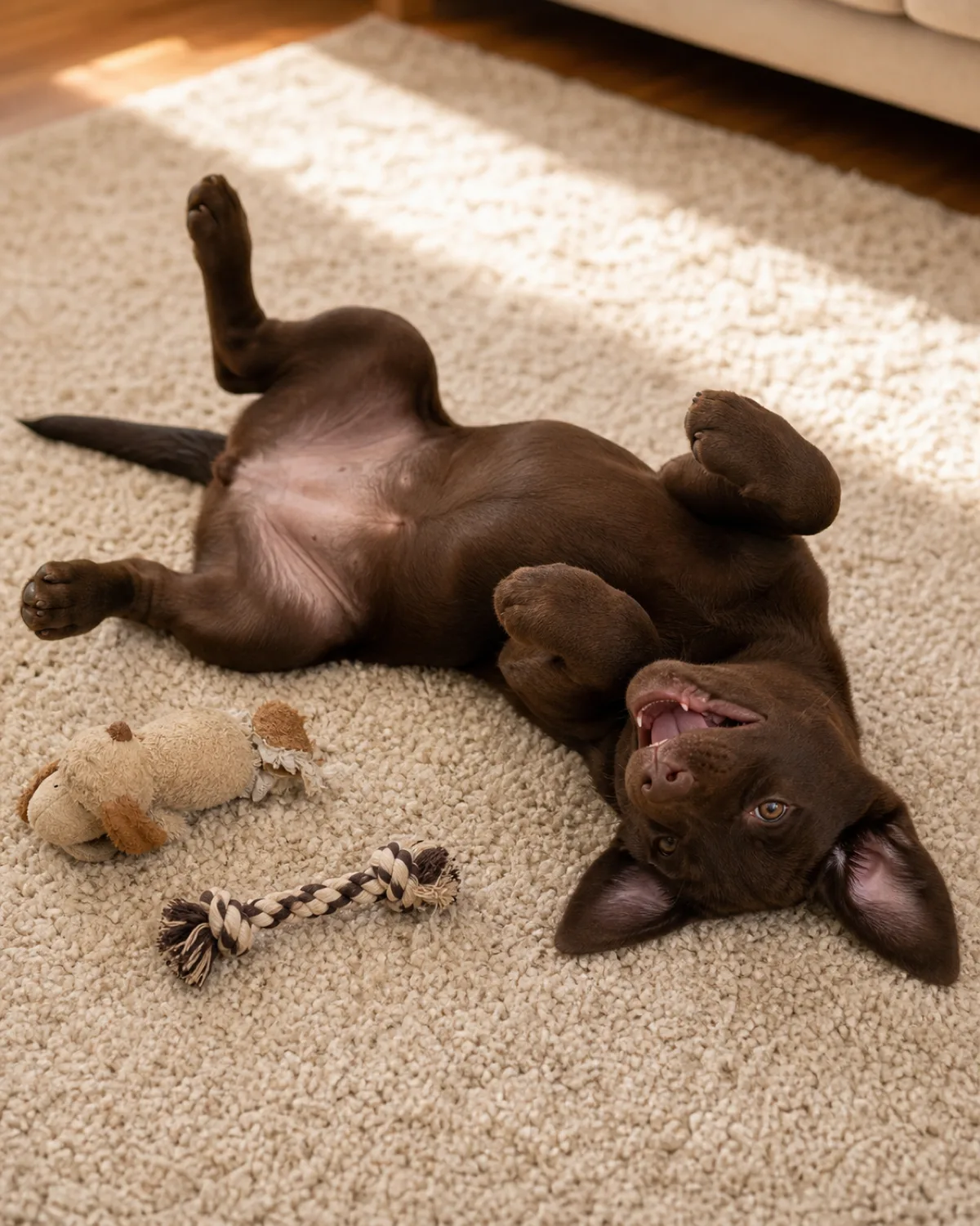 a solid chocolate-brown short-coated puppy lying on its back on a living room carpet with all four paws in the air, playfully rolling in a completely relaxed belly-up posture, a chewed toy and rope toy scattered nearby, mouth open in a relaxed pant-smile, bright warm daylight