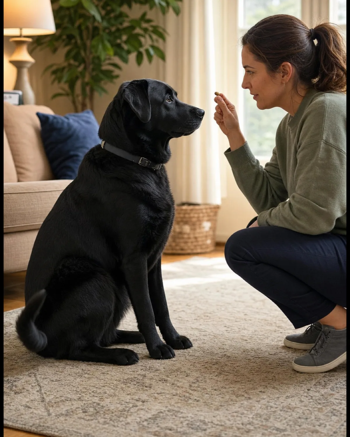 a large solid-black dog sitting facing its crouching owner who holds a treat in one hand while the dog stays perfectly still with tail slightly wagging