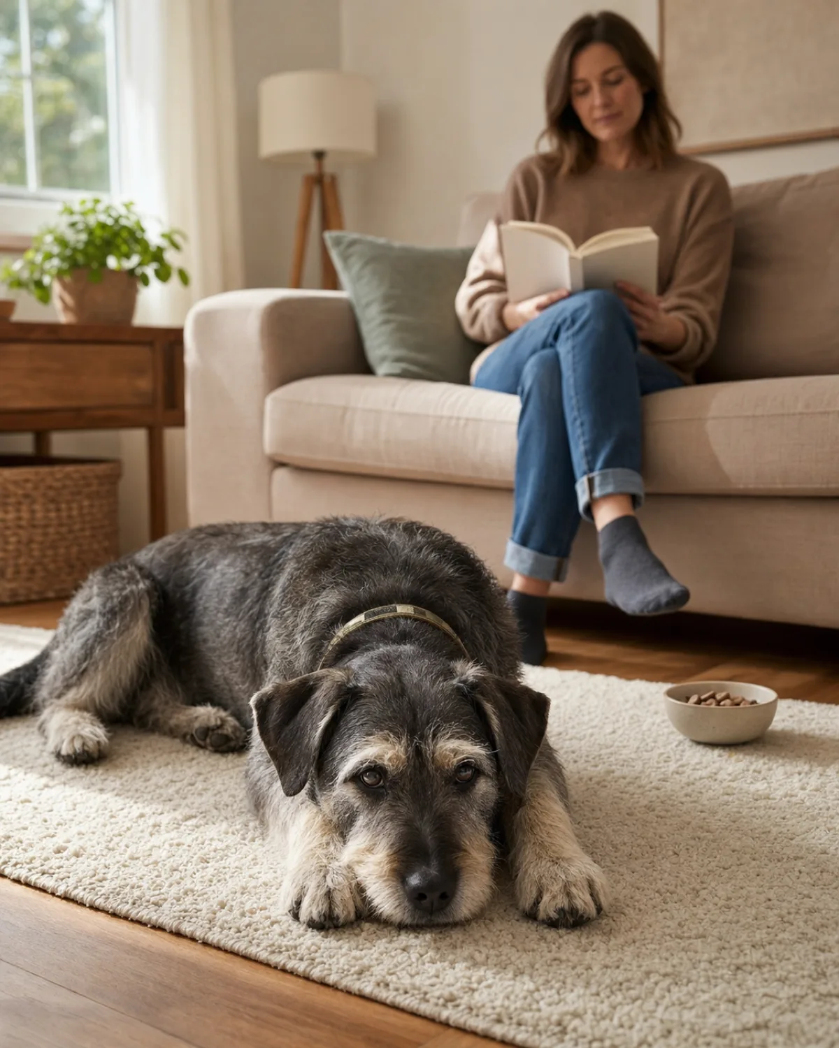a medium salt-and-pepper wiry-coated dog lying in a down-stay on a rug while the owner sits on the couch reading a book in the background in warm afternoon light