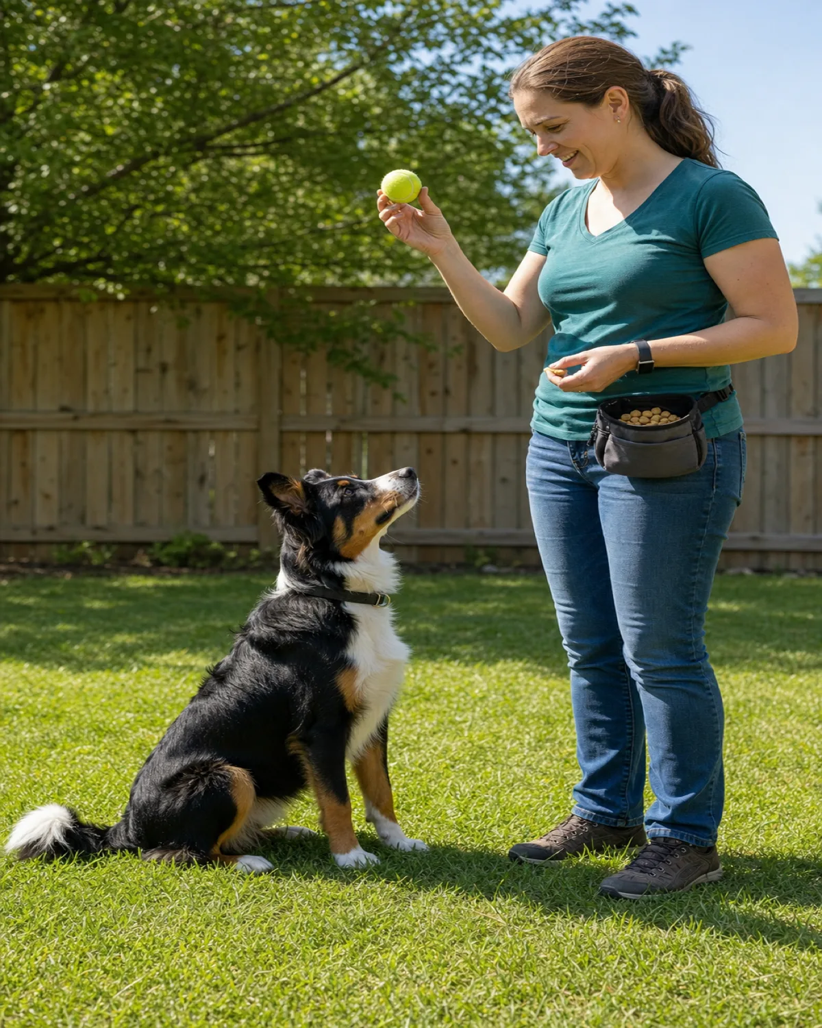 a medium tri-color dog sitting in stay on backyard grass while the owner holds a tennis ball in the air and the dog watches the ball intently but does not move