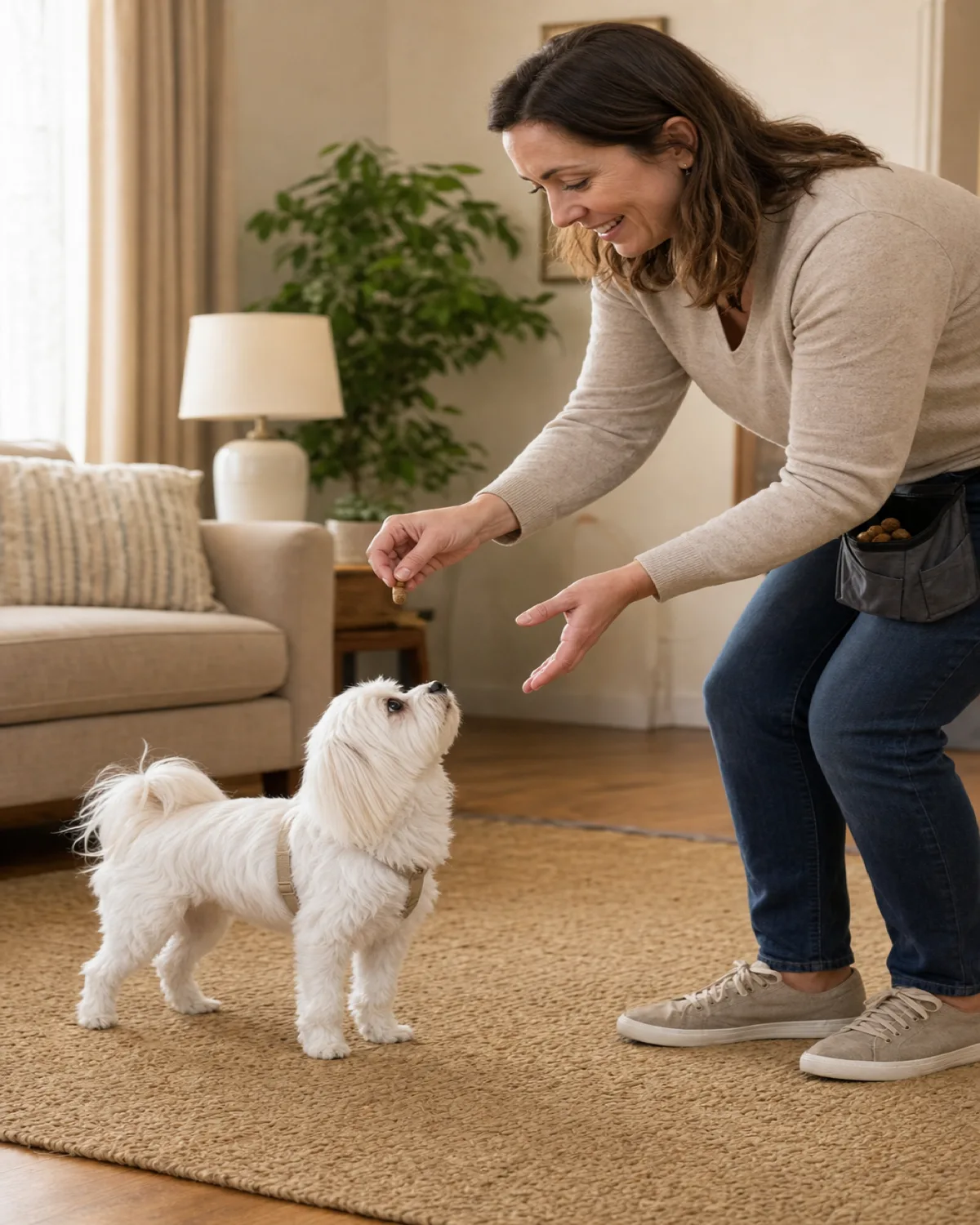 a small white silky-coated dog standing after having broken stay while the owner gently bends down to guide it back toward sitting without touching it with a treat visible and a warm expression