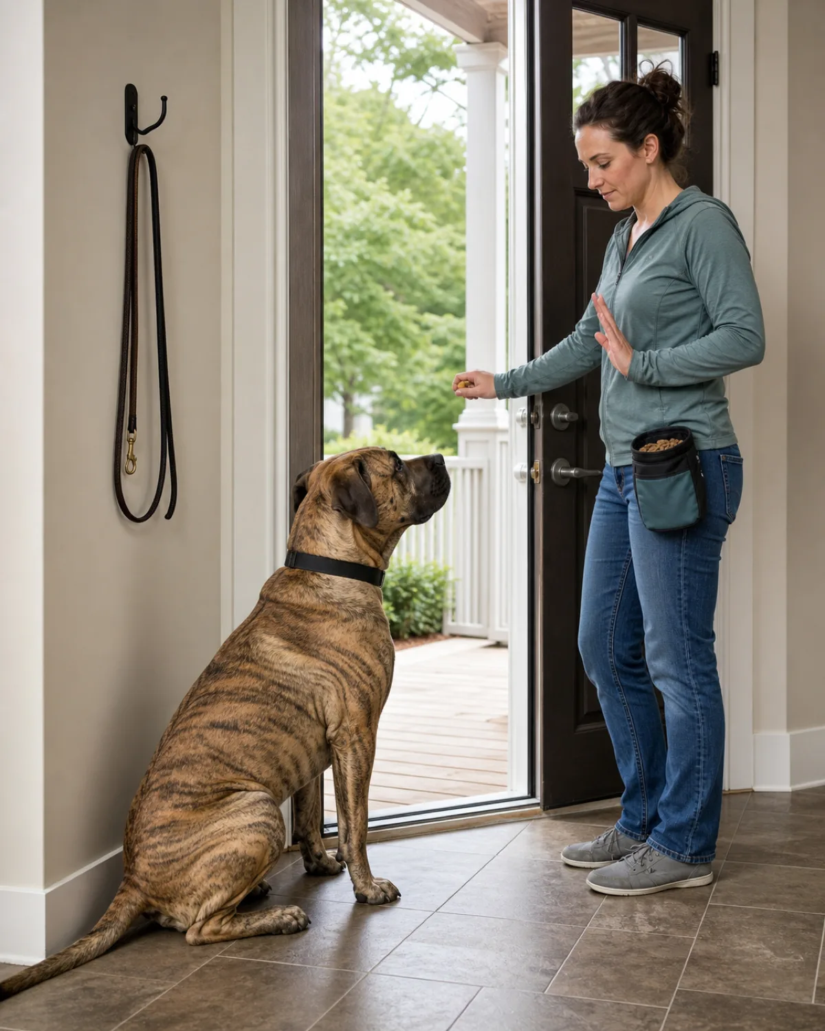 a large brindle muscular dog sitting in stay by a half-open front door while the owner has one hand on the door handle and the other showing a stay palm signal