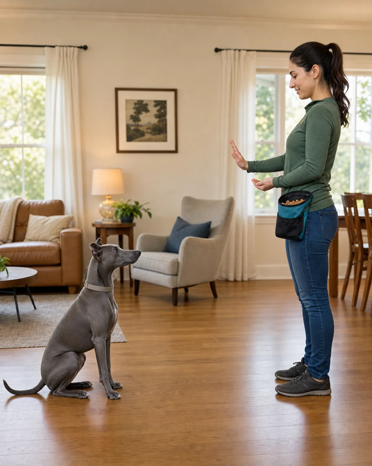 a medium blue-grey sleek short-coated dog sitting alertly in a living room with warm lighting and ears pricked forward gazing intently at the owner a few paces away