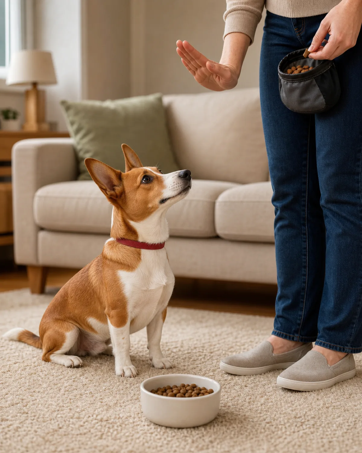 a small red-and-white short-legged dog sitting in stay on a living room carpet with a full food bowl directly in front of it looking up at the owner and waiting for the release word