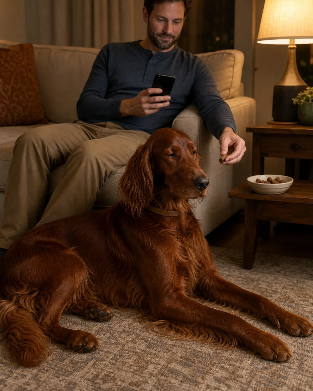 a large deep-mahogany-red feathered-coat dog lying in a relaxed down-stay on the floor beside a sofa in warm evening lamp light with eyes half-closed while the owner sits on the sofa