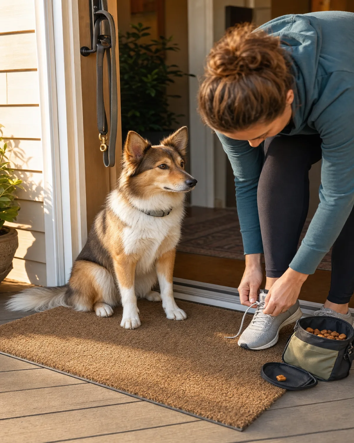 a medium sable-and-white fluffy-ruffed dog sitting on a front door step mat in morning light while the owner bends down tying shoes with the leash draped over the door handle