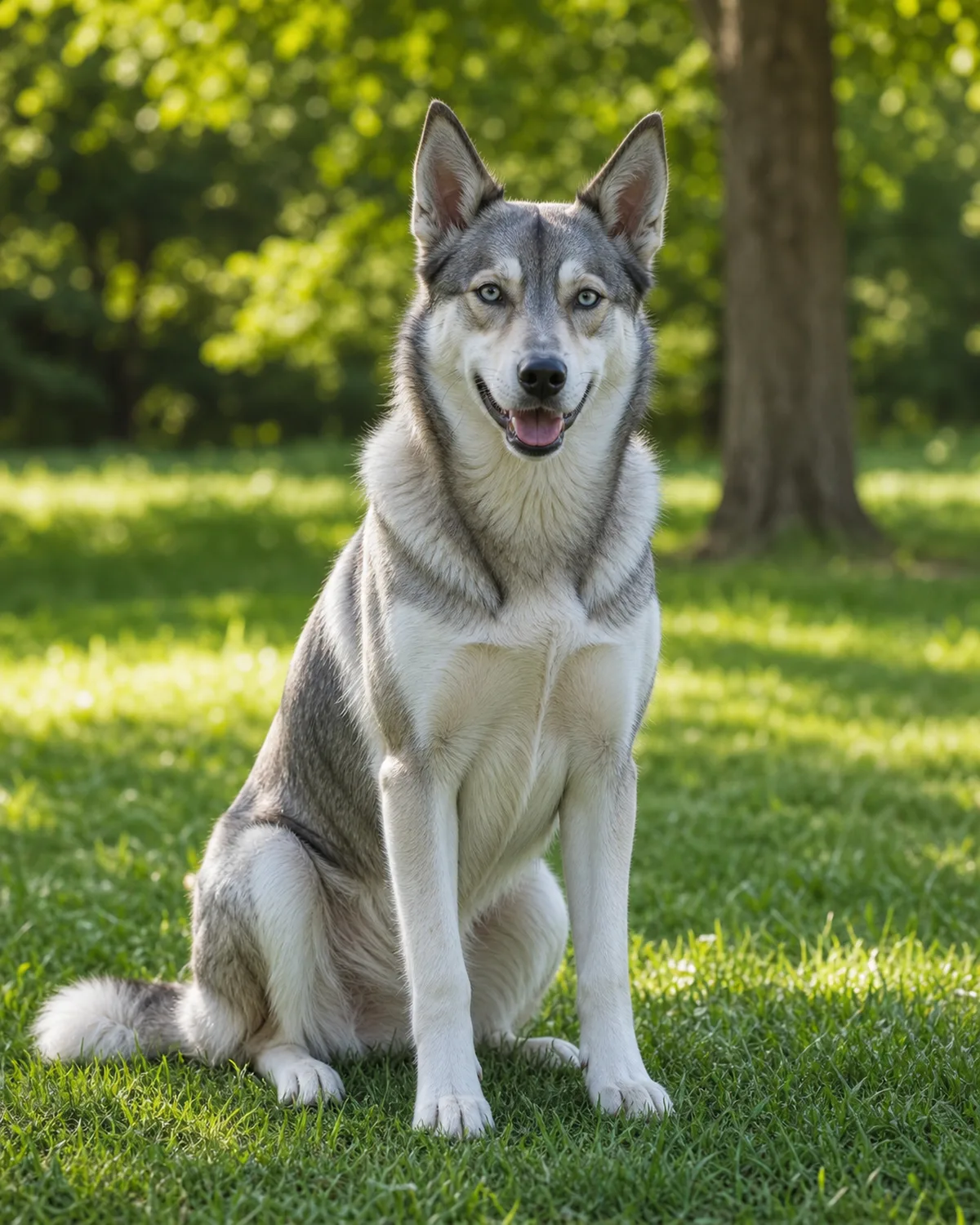 a medium athletic dog with a grey-and-white thick double coat and erect triangular ears sitting upright on green grass in a park, mouth slightly open in a relaxed pant, dappled sunlight through trees behind