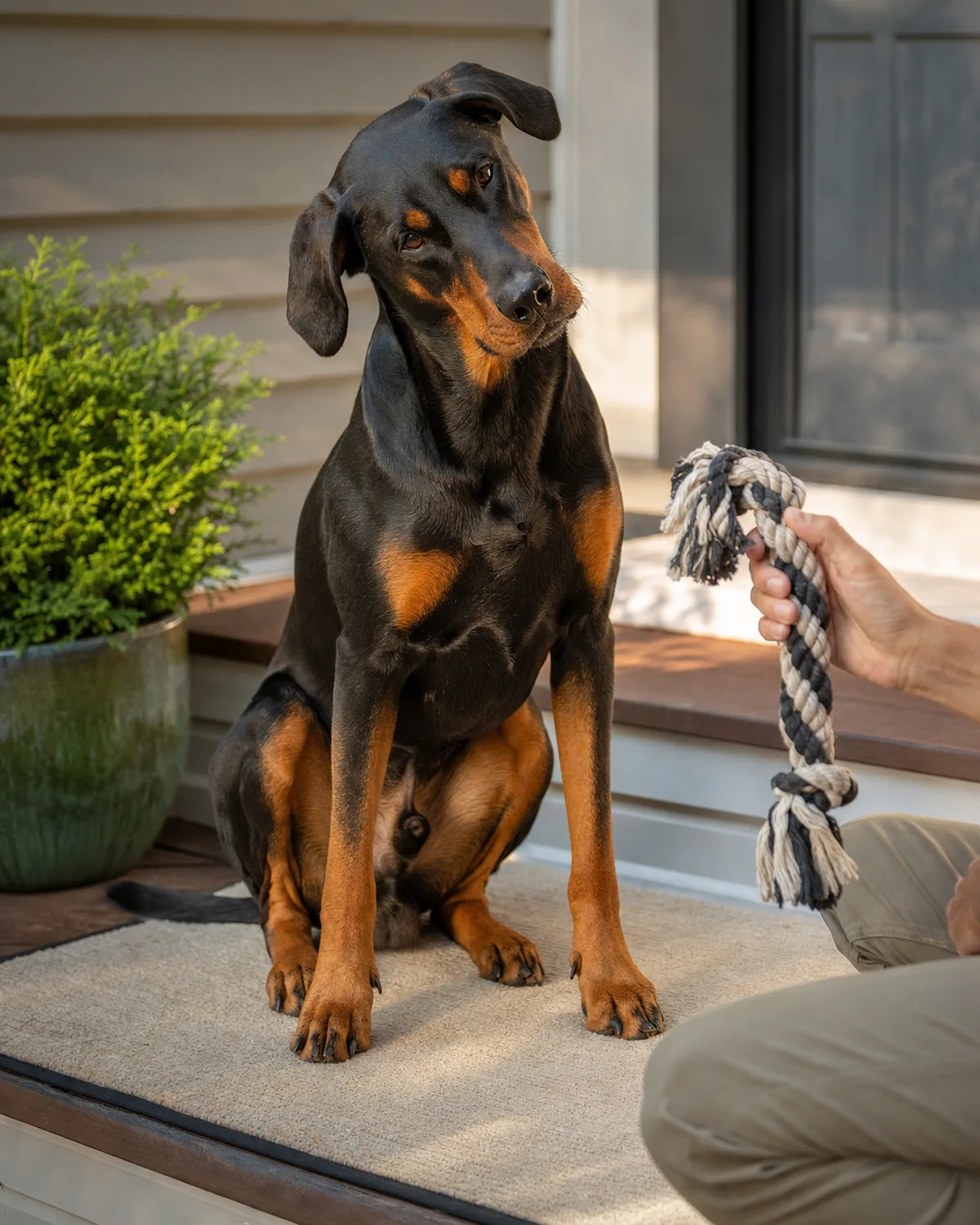 a large lean muscular dog with a sleek black-and-tan short coat, sharp rust points, natural floppy ears and a long muzzle sitting on front porch steps, head tilted to one side looking at an owner whose hand holds a braided rope tug toy
