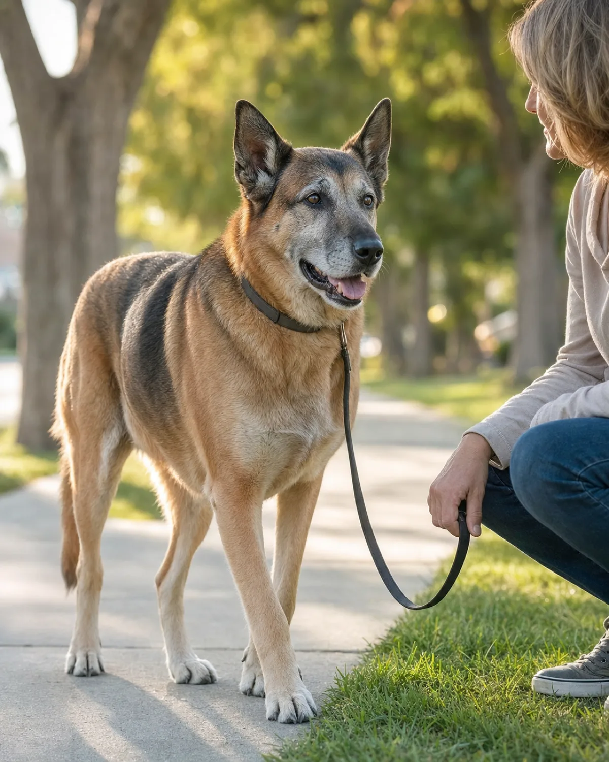 a large dog with a tan body and darker saddle-and-mask marking, medium coat, large upright pointed ears, a long muzzle, and a greying muzzle walking on a residential sidewalk beside its owner with the leash hanging in a loose J-curve, morning light soft and warm