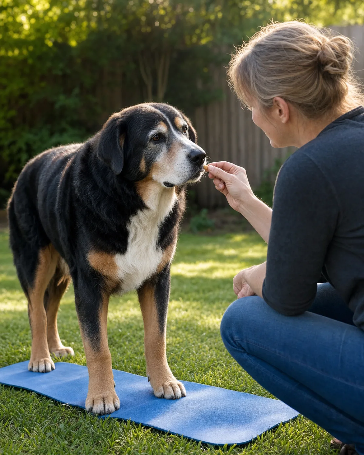 a large sturdy dog with a thick tricolor coat — black body, rust eyebrows and legs, white chest blaze — floppy ears and a greying face standing on green grass facing a crouching owner who holds a soft treat, a blue yoga mat partially visible under the dog's front paws