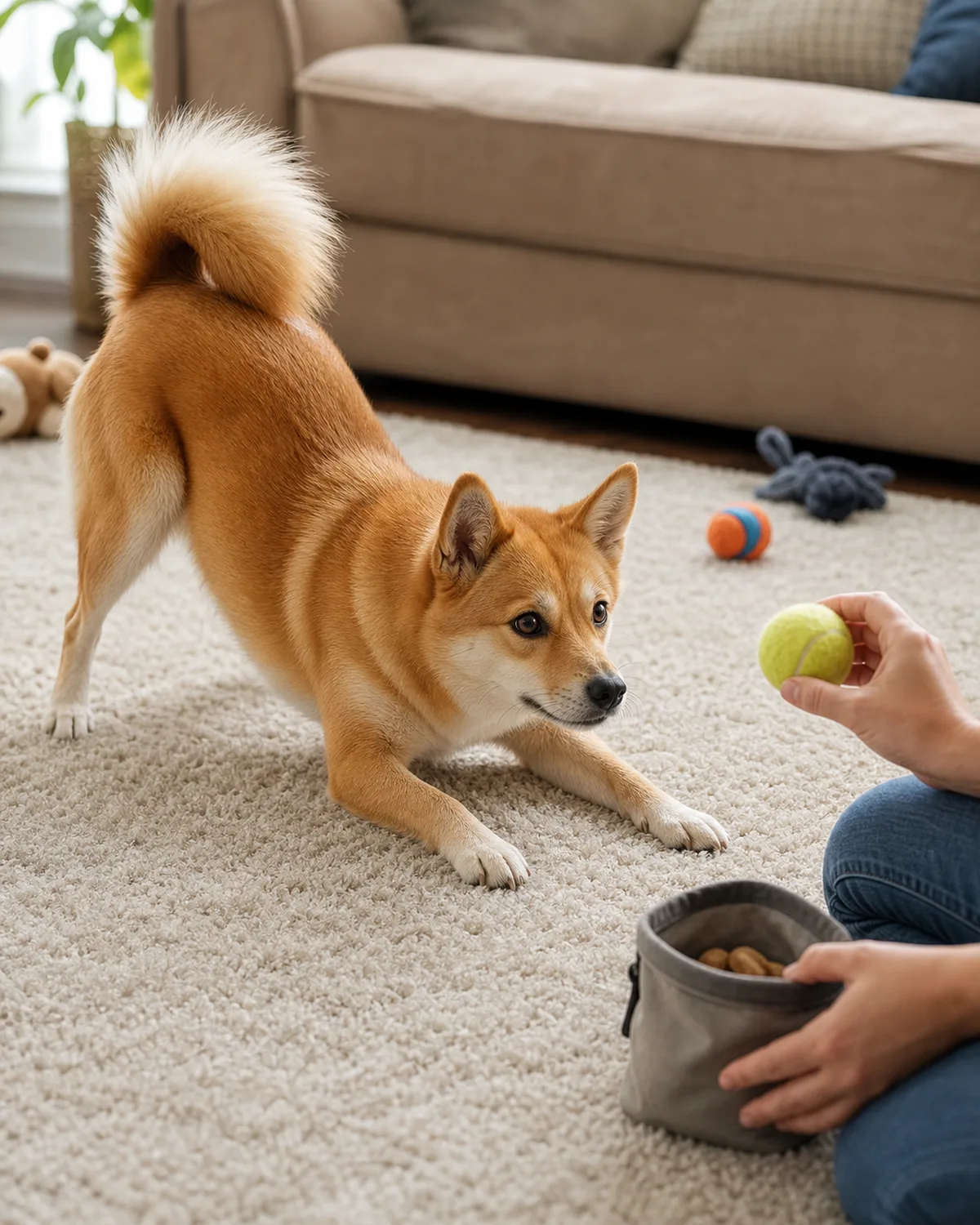 a small compact dog with a thick orange-red double coat and white underside, erect ears, a curled tail and a fox-like face in a play-bow posture in a living room, staring at a yellow tennis ball in the owner's hand, a treat pouch visible but clearly ignored by the dog