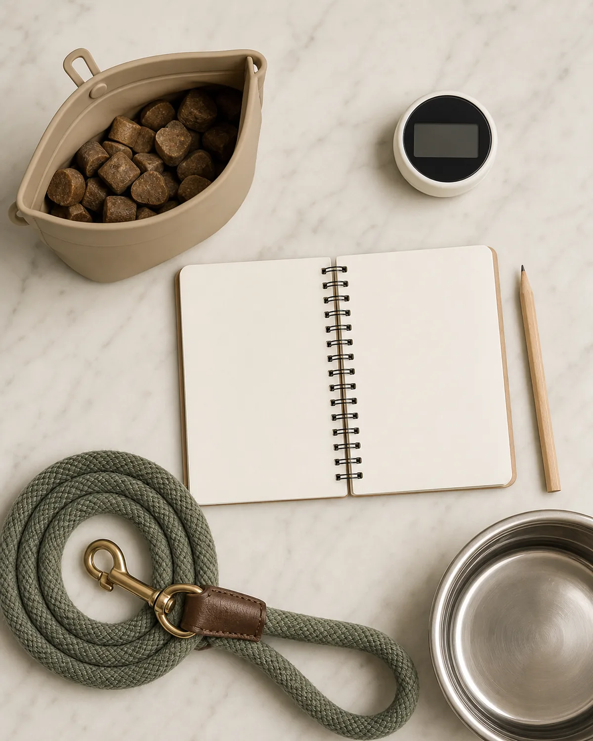 a kitchen counter top-down flat lay showing a small round digital timer, a silicone treat pouch with soft treats visible inside, a small spiral notebook open with handwritten dates and checkmarks, a braided cotton leash coiled neatly, and a stainless steel water bowl, warm overhead kitchen lighting on clean surface