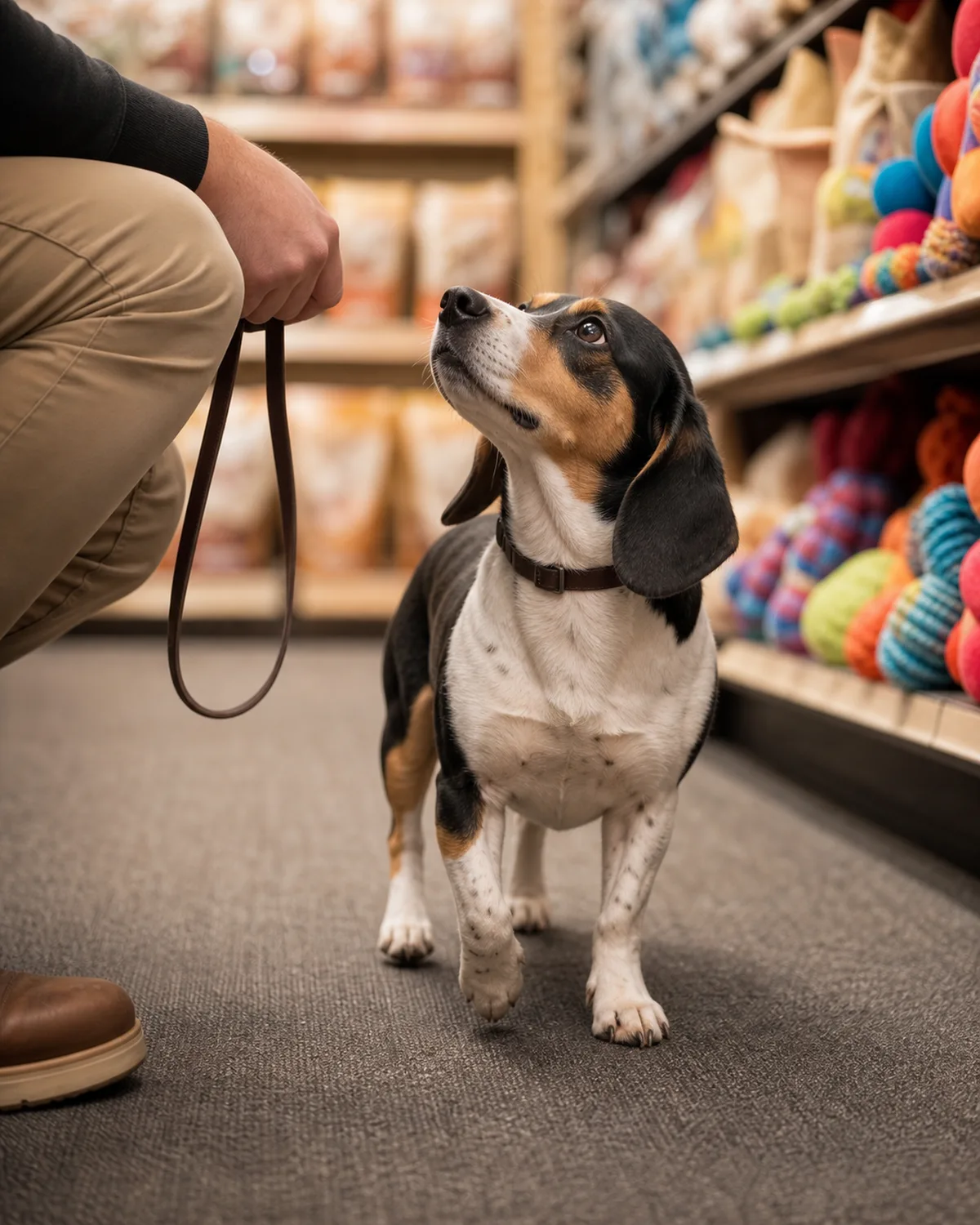 a small sturdy tricolor short-coated hound with long low-set floppy ears walking beside its owner in a pet store aisle, leash loose, head turned upward looking at the owner's face rather than at the colorful merchandise on the shelves