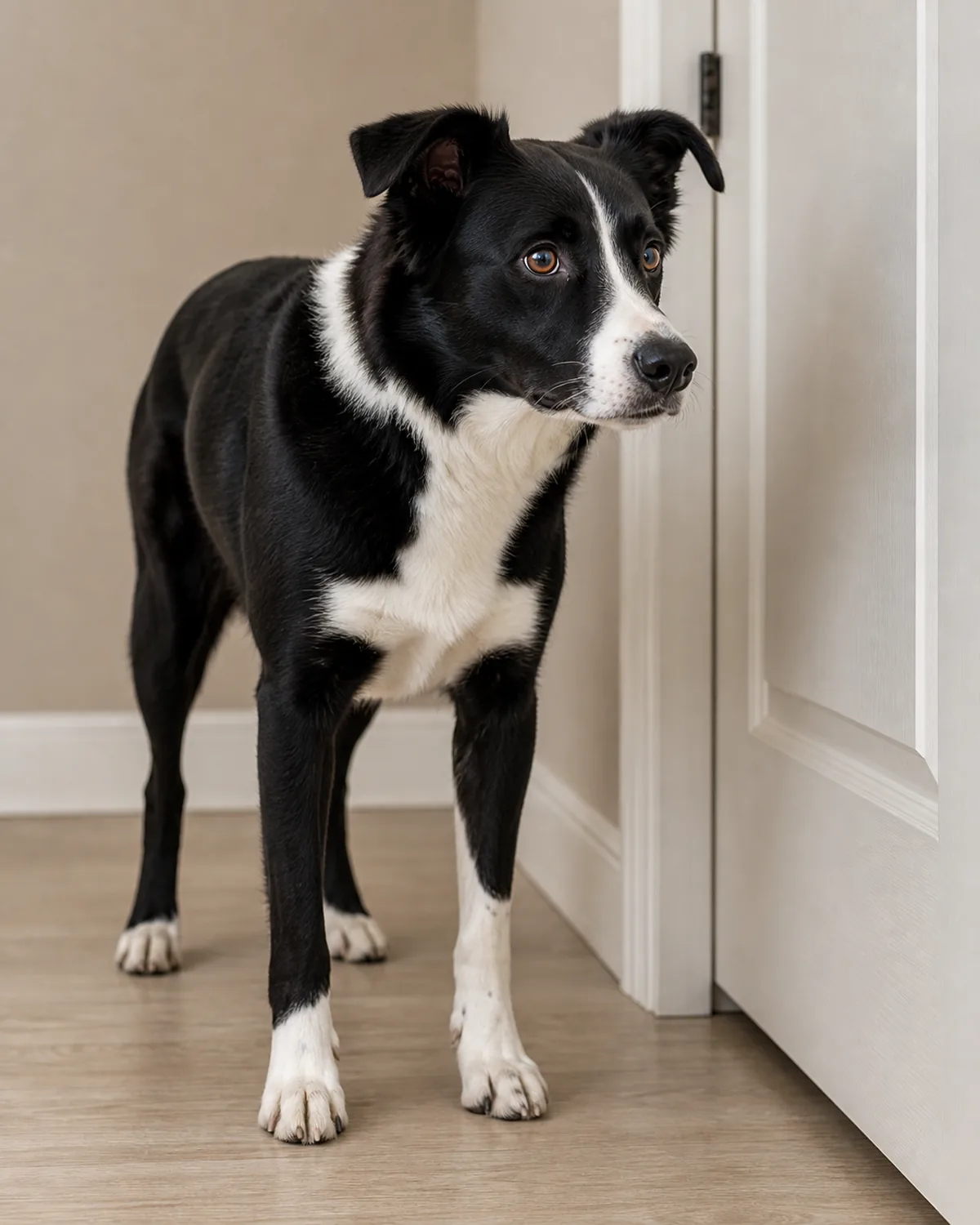 alert dog standing near a closed door, mild unsettled body language indoors
