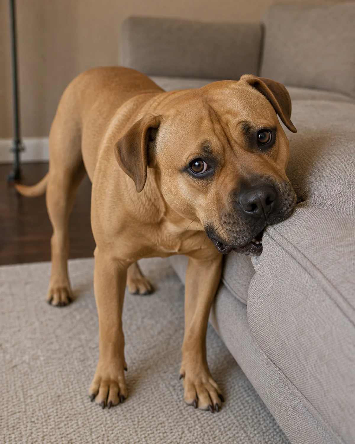 bored dog chewing a couch cushion indoors