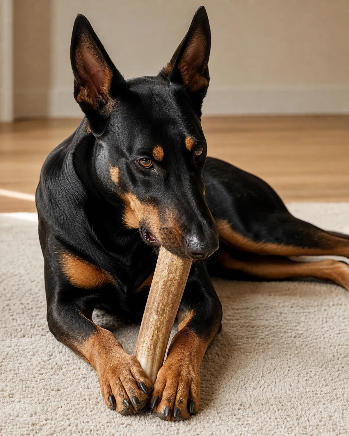 lean dog lying down calmly working a long-lasting chew between front paws