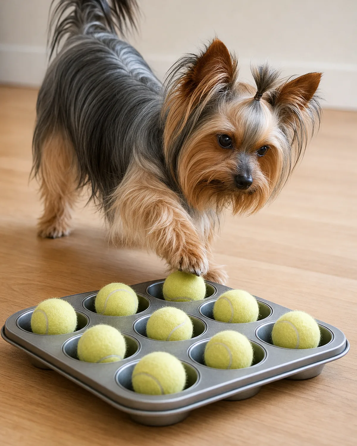small dog pawing at an upturned muffin tin with tennis balls in the cups